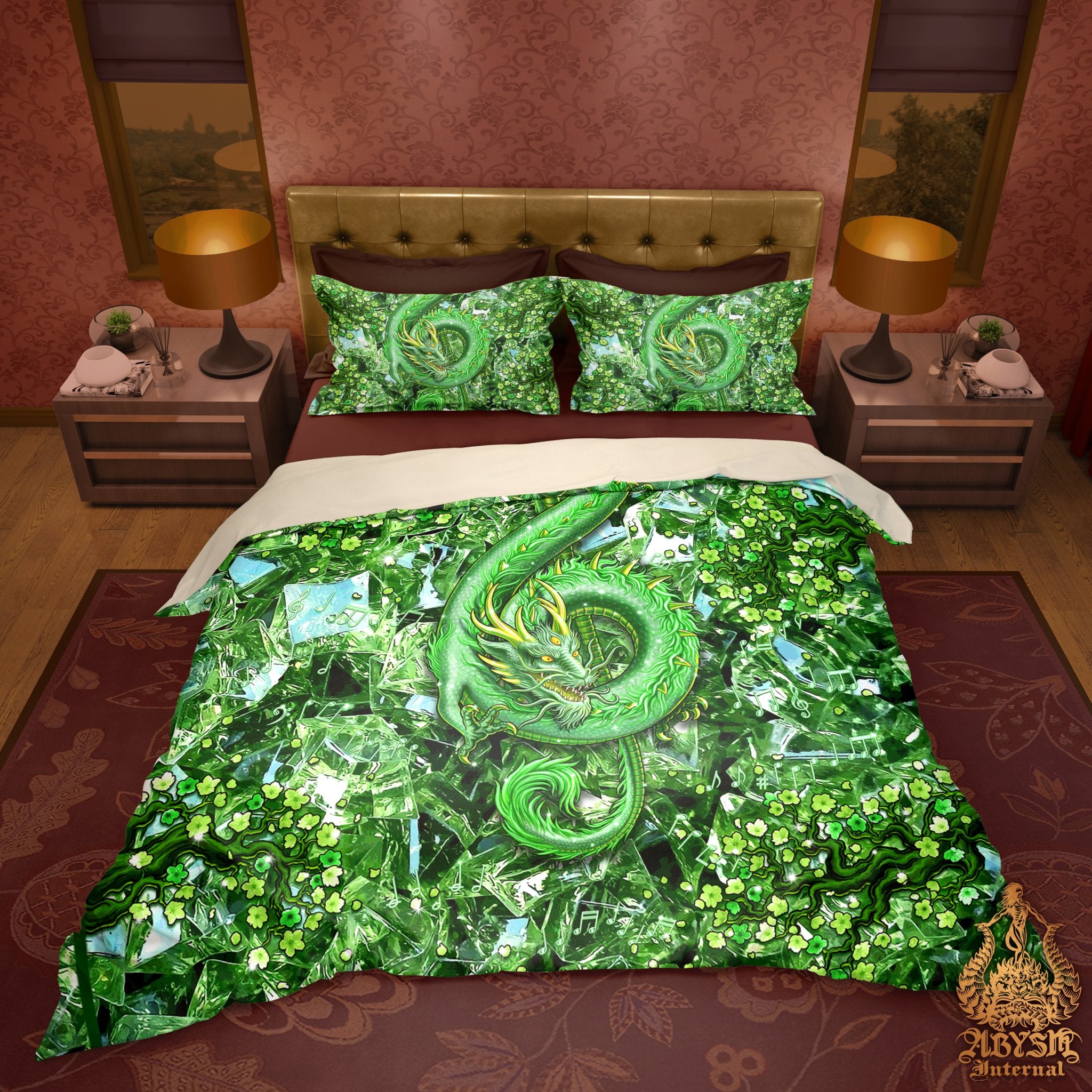 White Bed Cover, Dragon Duvet or Comforter, Indie Bedding Set, Bedroom Decor Music Art, King, Queen & Twin Size - Gemstone - Abysm Internal