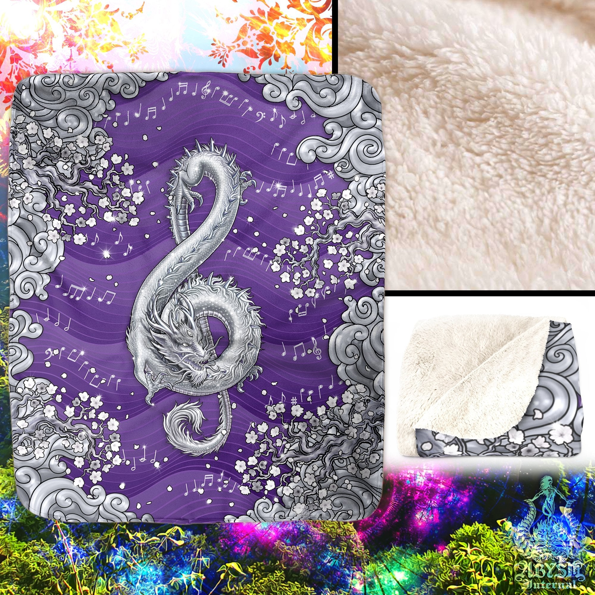 White Dragon Throw Fleece Blanket, Treble Clef, Music Art, Asian Decor, Eclectic and Funky Gift - Purple - Abysm Internal