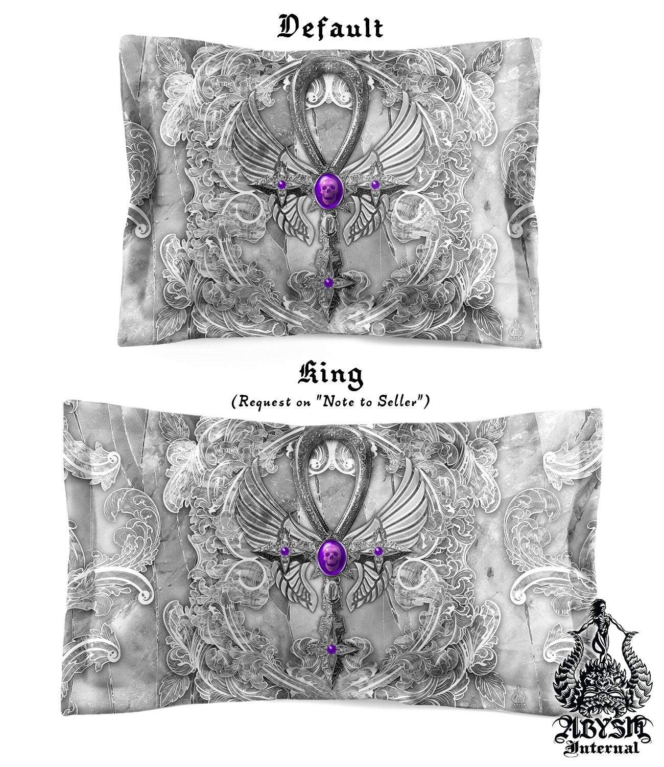 White Goth Bedding Set, Comforter and Duvet, Ankh Cross, Gothic Bed Cover and Bedroom Decor, King, Queen and Twin Size - Stone - Abysm Internal