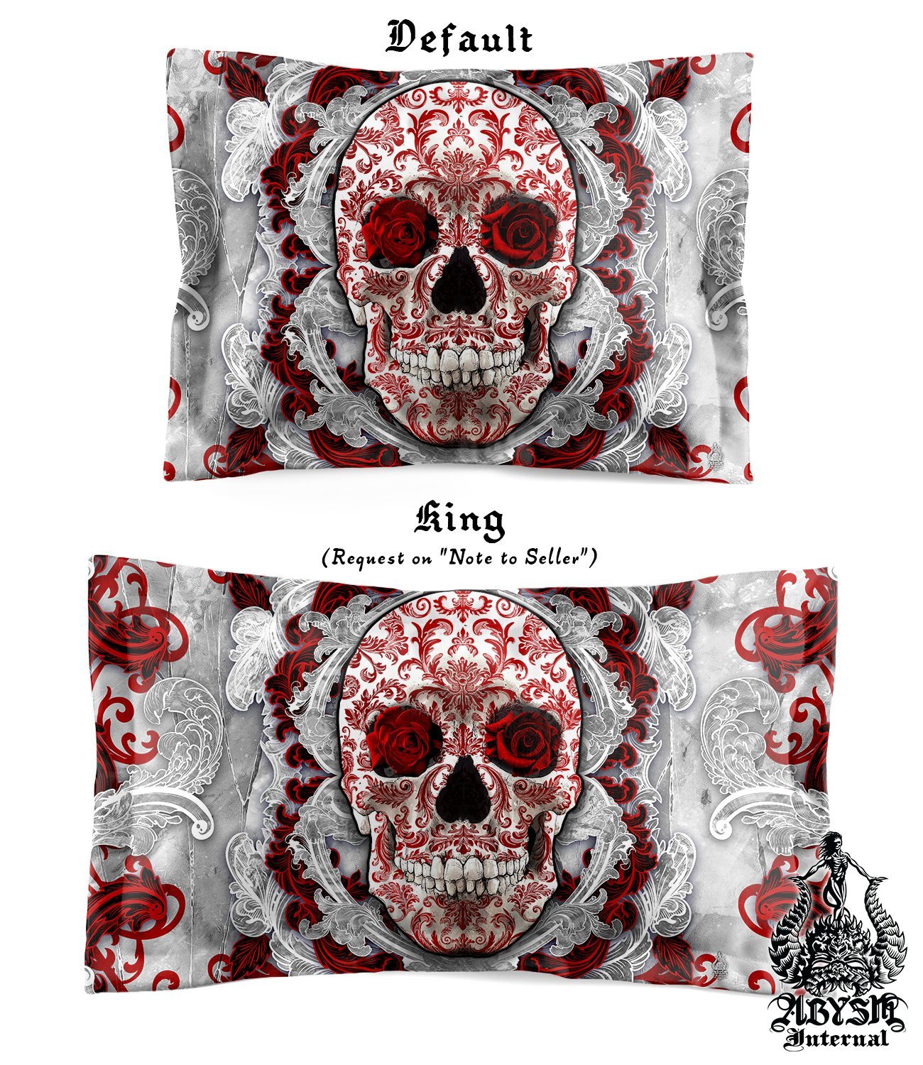 White Goth Bedding Set, Comforter and Duvet, Gothic Bed Cover and Bedroom Decor, King, Queen and Twin Size - Bloody Skull and Black Roses, - Abysm Internal