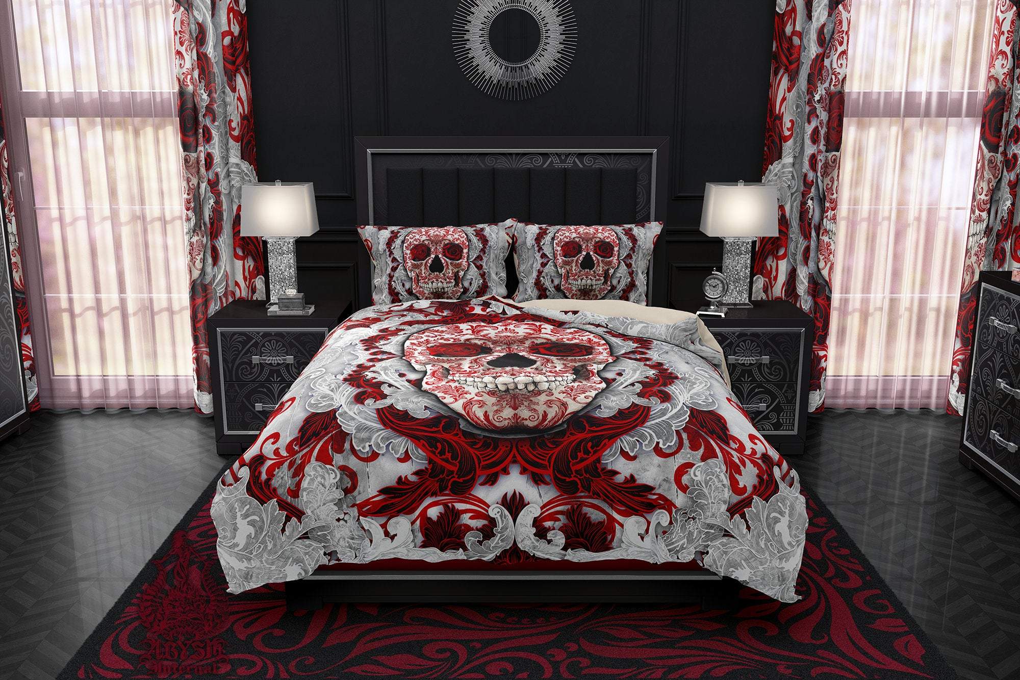 White Goth Bedding Set, Comforter and Duvet, Gothic Bed Cover and Bedroom Decor, King, Queen and Twin Size - Bloody Skull and Black Roses, - Abysm Internal