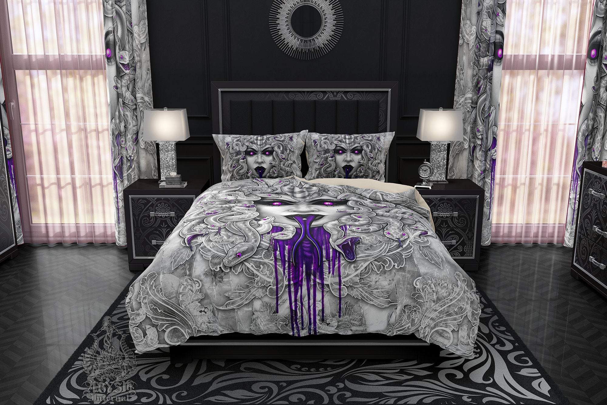 White Goth Bedding Set, Comforter and Duvet, Gothic Bed Cover and Bedroom Decor, King, Queen and Twin Size - Purple, Medusa, 3 Faces - Abysm Internal