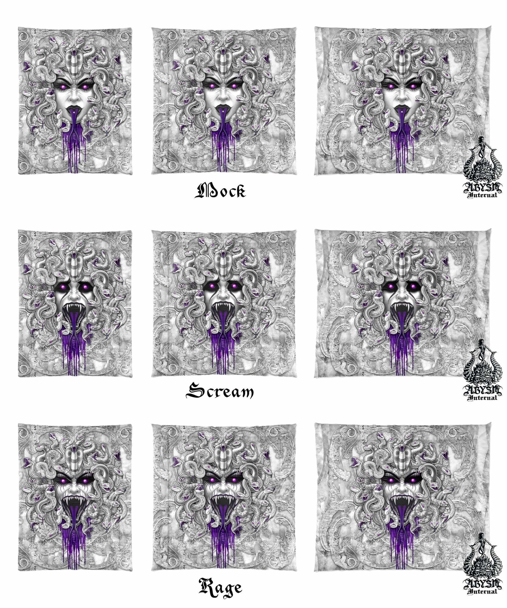 White Goth Bedding Set, Comforter and Duvet, Gothic Bed Cover and Bedroom Decor, King, Queen and Twin Size - Purple, Medusa, 3 Faces - Abysm Internal