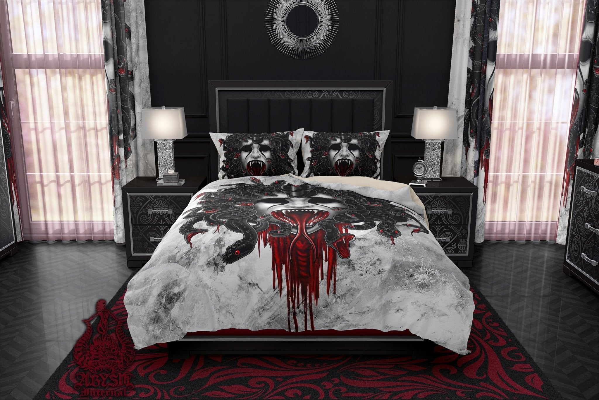 White Goth Bedding Set, Comforter and Duvet, Vampire Medusa, Gothic Bed Cover and Bedroom Decor, King, Queen and Twin Size - 3 Colors - Abysm Internal
