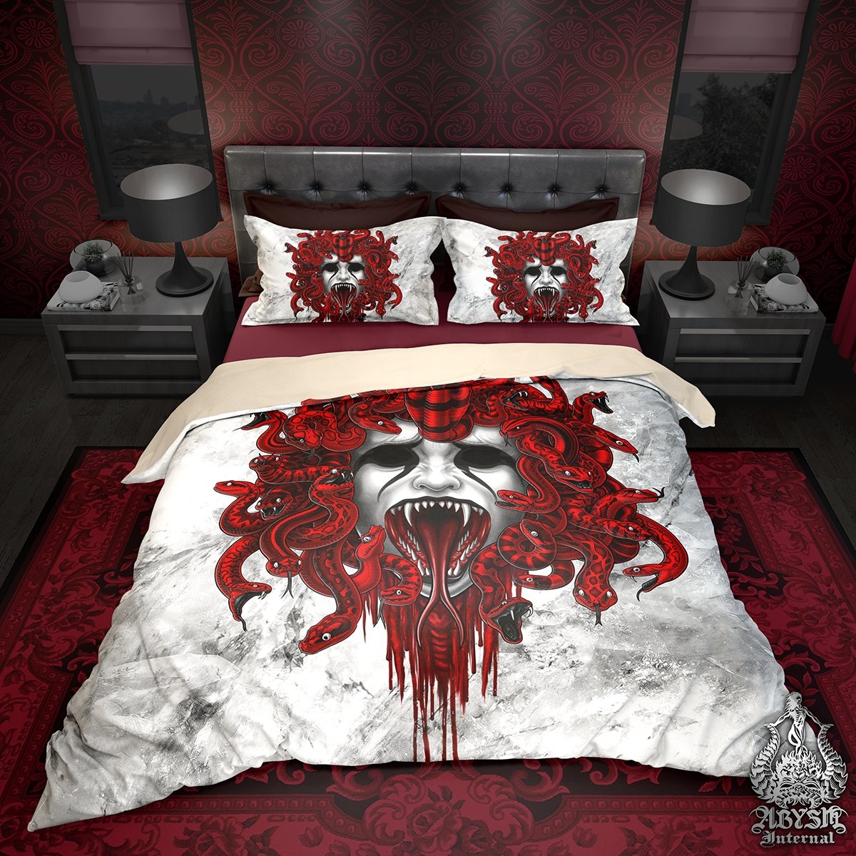 White Goth Bedding Set, Comforter and Duvet, Vampire Medusa, Gothic Bed Cover and Bedroom Decor, King, Queen and Twin Size - 3 Colors - Abysm Internal