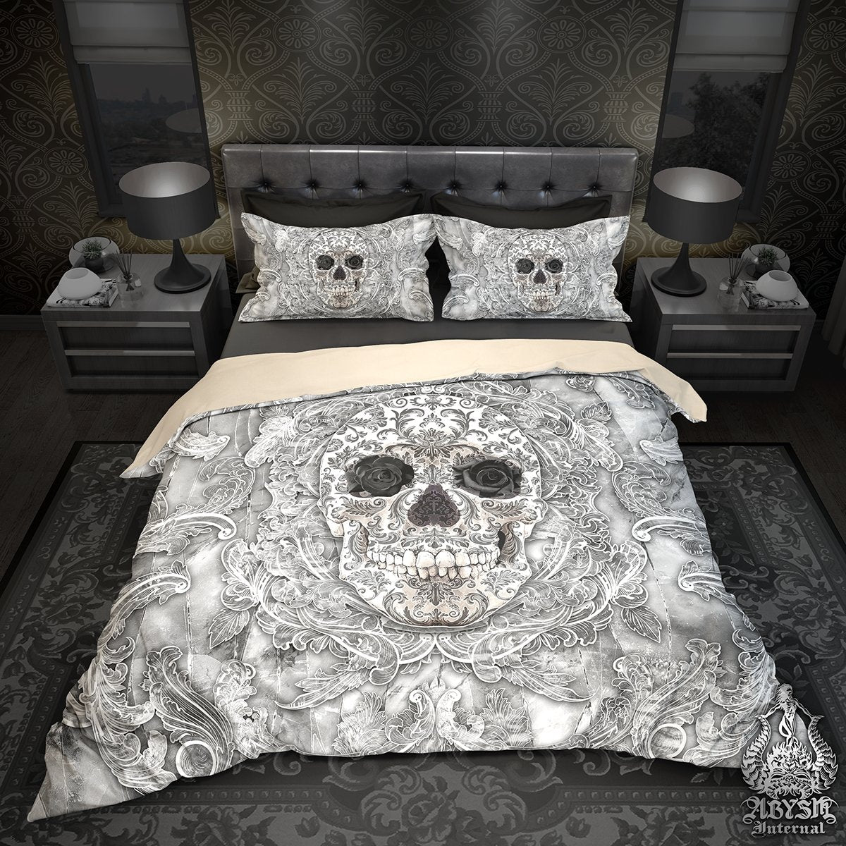 White Goth Bedding Set, Comforter and Duvet, White Skull and Black Roses, Gothic Bed Cover and Bedroom Decor, King, Queen and Twin Size - Stone - Abysm Internal