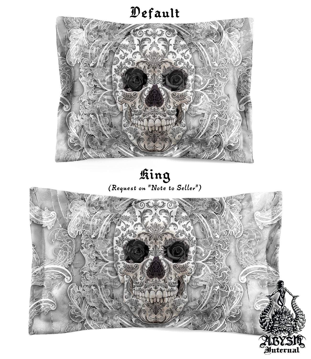 White Goth Bedding Set, Comforter and Duvet, White Skull and Black Roses, Gothic Bed Cover and Bedroom Decor, King, Queen and Twin Size - Stone - Abysm Internal