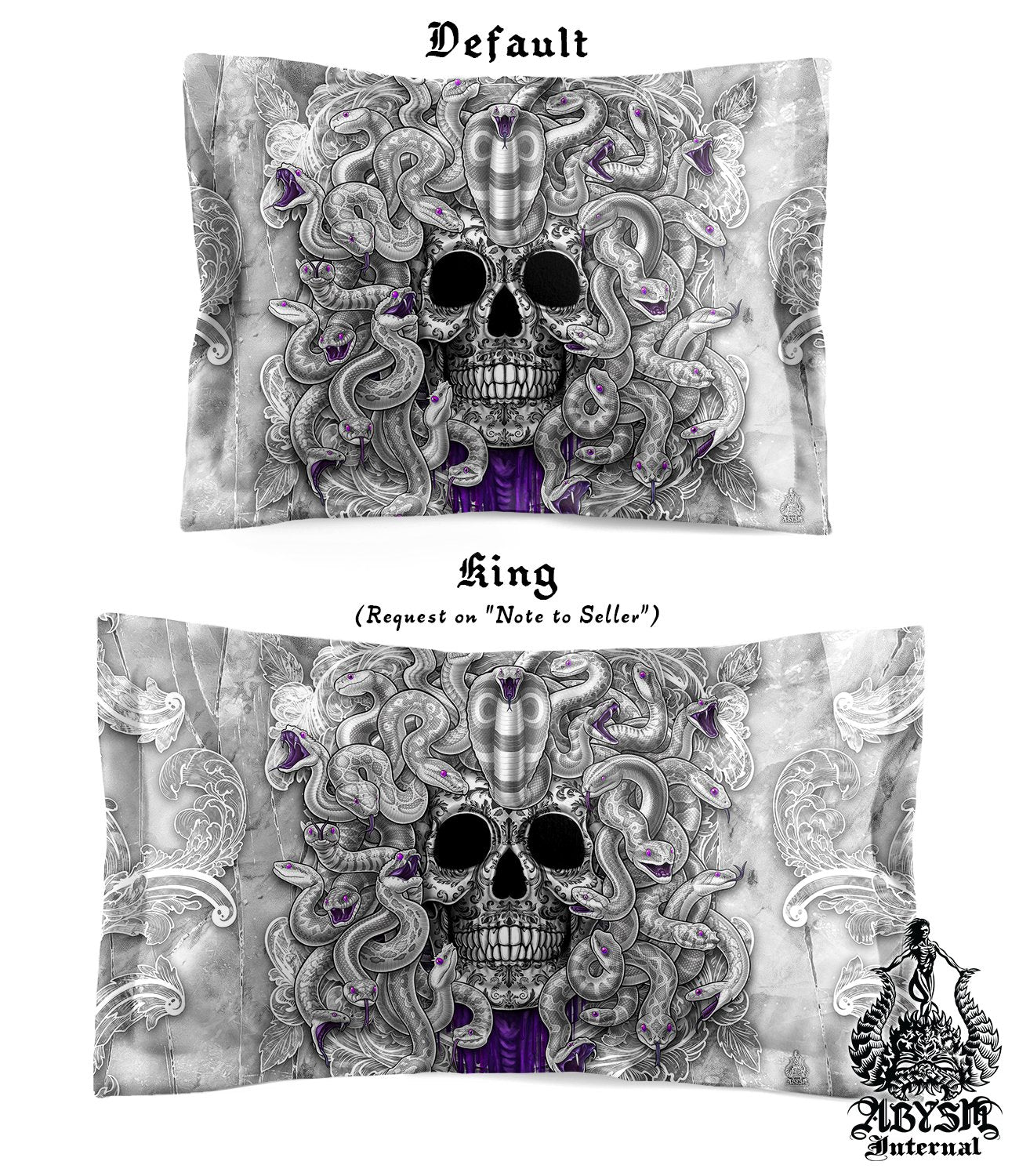 White Goth Bedding Set, Comforter or Duvet, Gothic Bed Cover, Bedroom Decor, King, Queen & Twin Size - Purple, Medusa Skull, 4 Faces - Abysm Internal