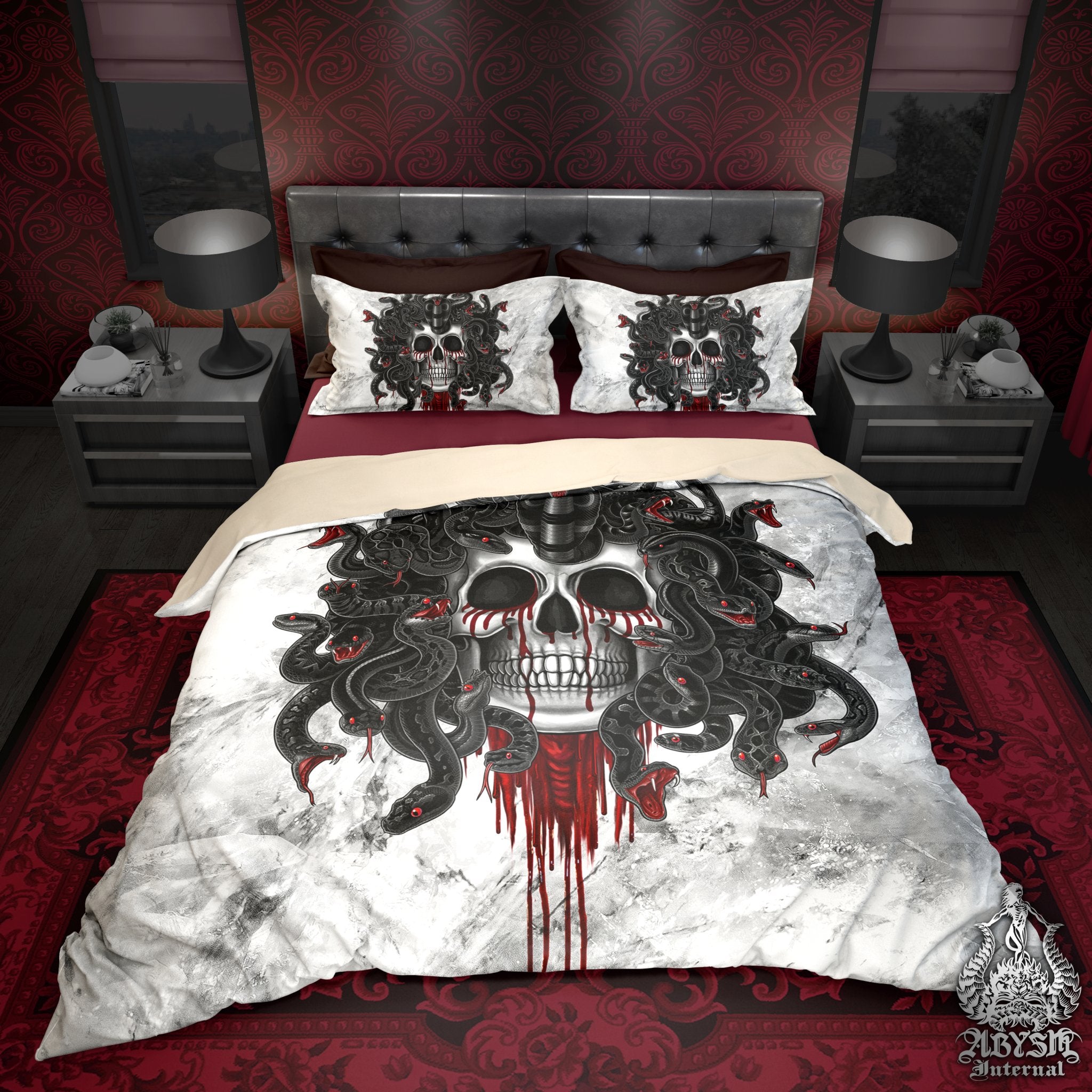 White Goth Bedding Set, Comforter or Duvet, Vampire Medusa, Gothic Bed Cover, Skull Bedroom Decor, King, Queen & Twin Size - 2 Faces, 3 Colors - Abysm Internal