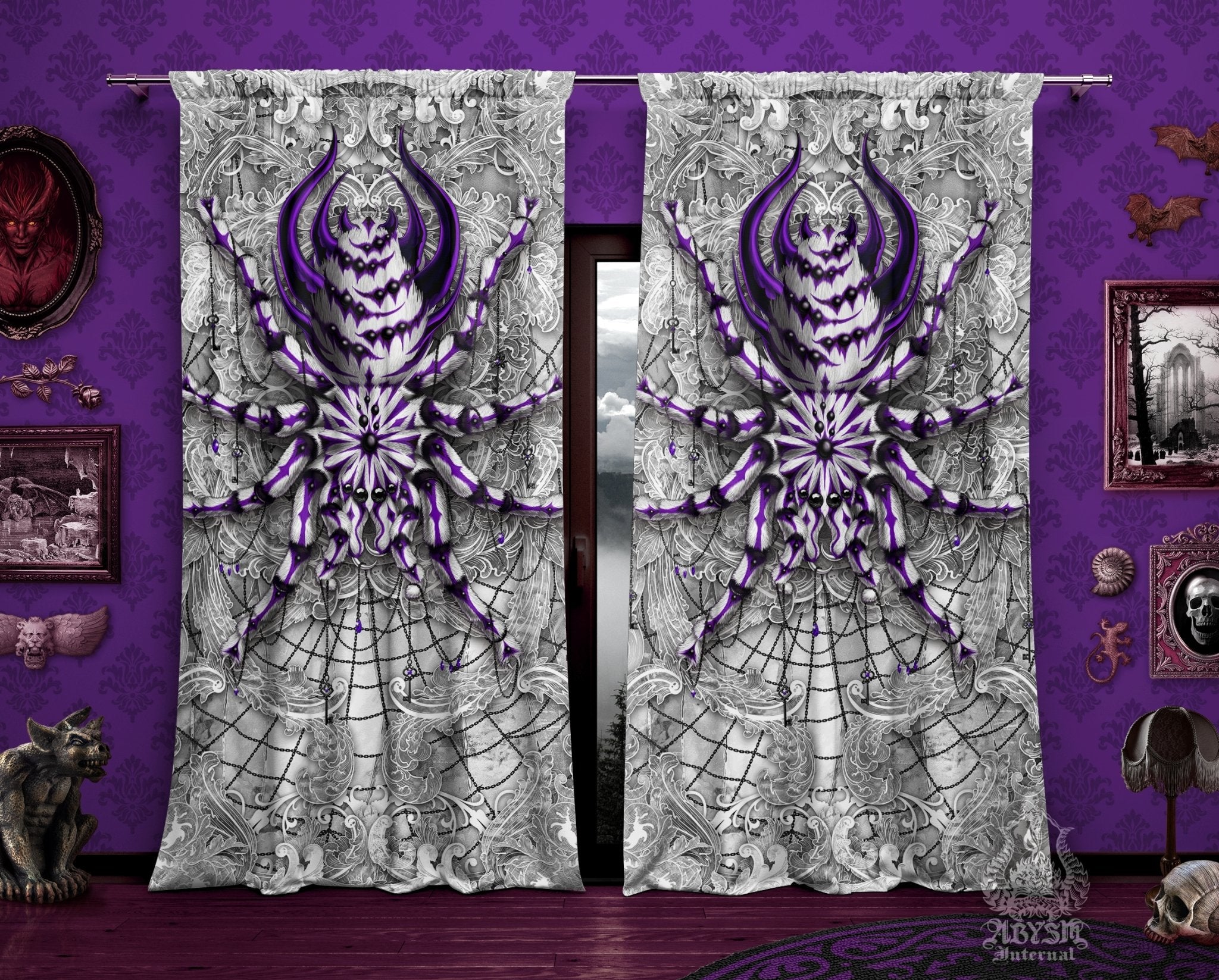 White Goth Blackout Curtains, Long Window Panels, Dark Art Print, Gothic Home Decor - Tarantula, Stone Purple Spider - Abysm Internal