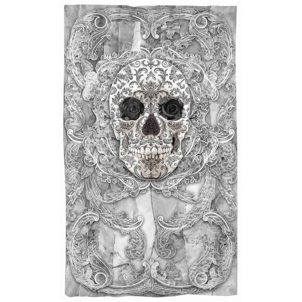 White Goth Blackout Curtains, Long Window Panels, Macabre Skull Room Decor, Gothic Art Print - Stone - Abysm Internal