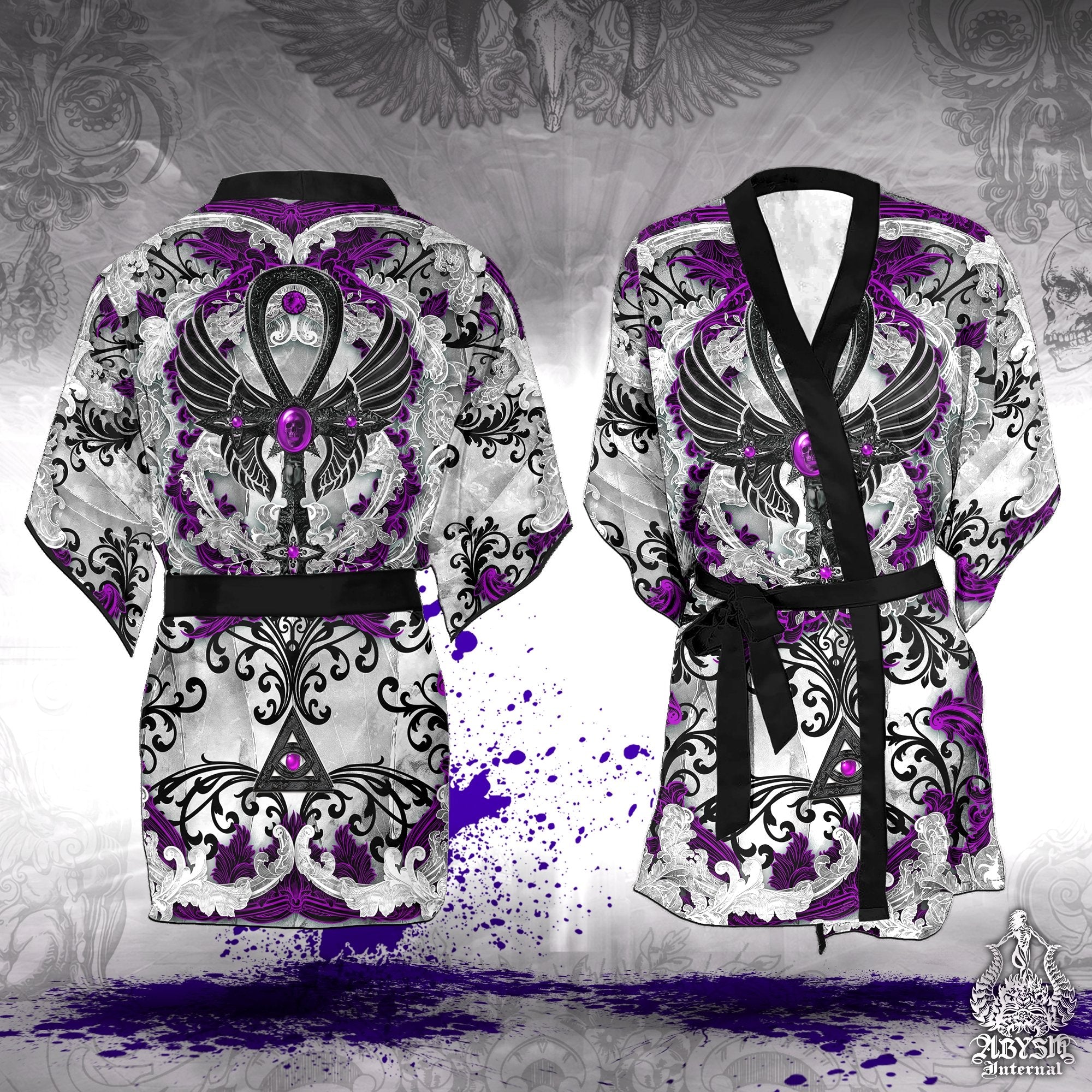 White Goth Cover Up, Beach Outfit, Party Kimono, Gothic Summer Festival Robe, Indie and Alternative Clothing, Unisex - Ankh, Black Purple - Abysm Internal