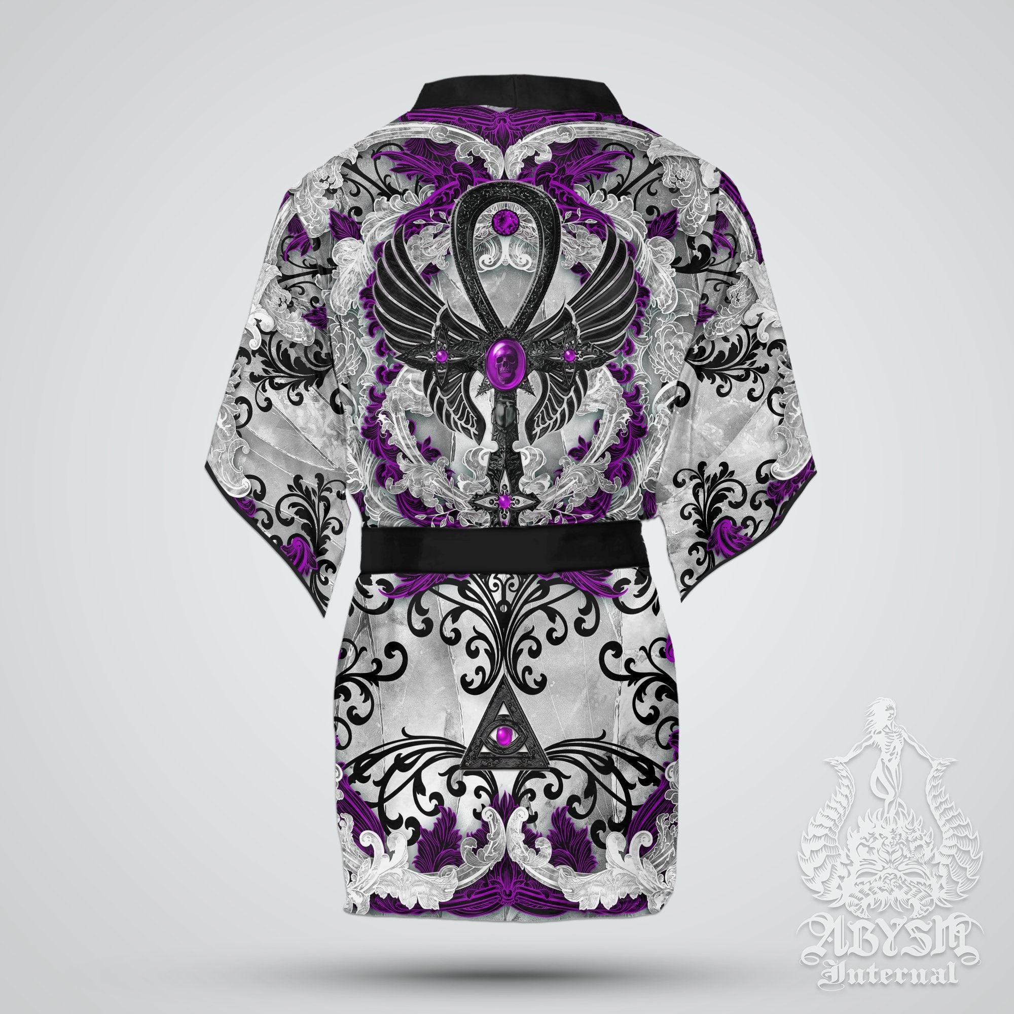 White Goth Cover Up, Beach Outfit, Party Kimono, Gothic Summer Festival Robe, Indie and Alternative Clothing, Unisex - Ankh, Black Purple - Abysm Internal