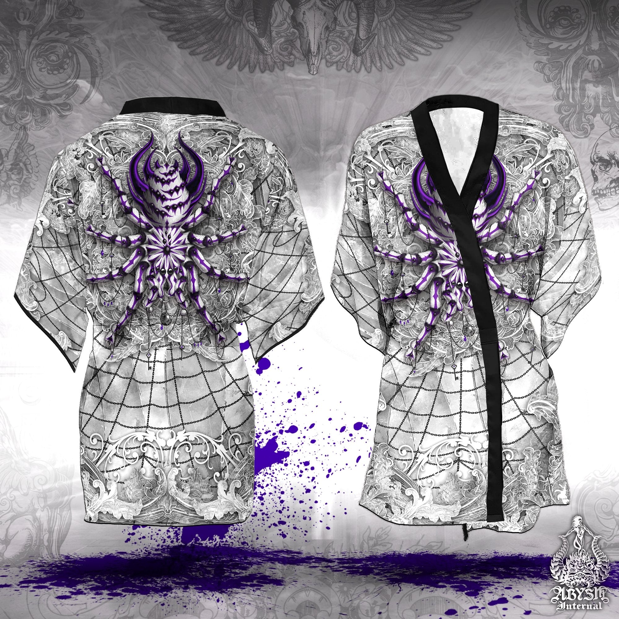 White Goth Cover Up, Beach Outfit, Spider Party Kimono, Summer Festival Robe, Indie and Alternative Clothing, Unisex - Tarantula, Stone Purple - Abysm Internal