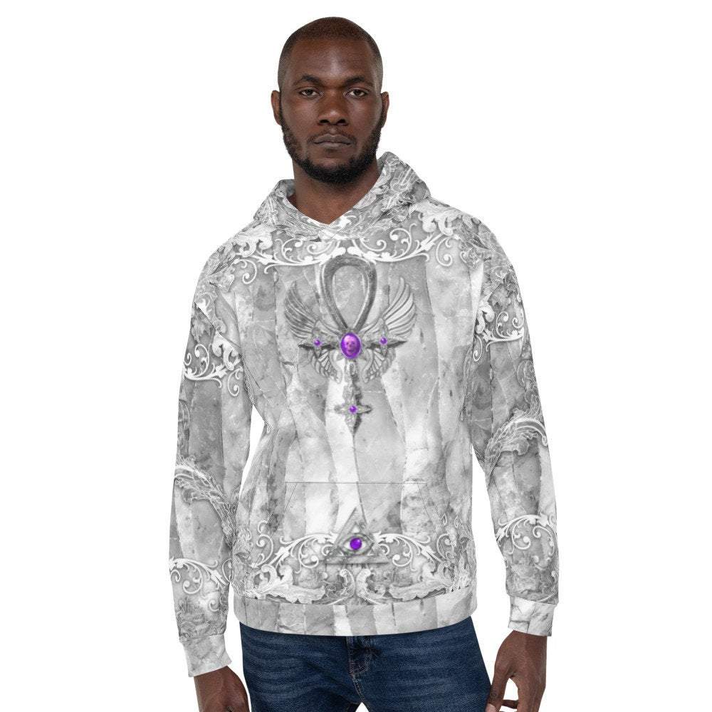 White Goth Hoodie, Gothic Streetwear, Alternative Clothing, Occult Sweater, Unisex - Ankh Cross, Stone Purple - Abysm Internal