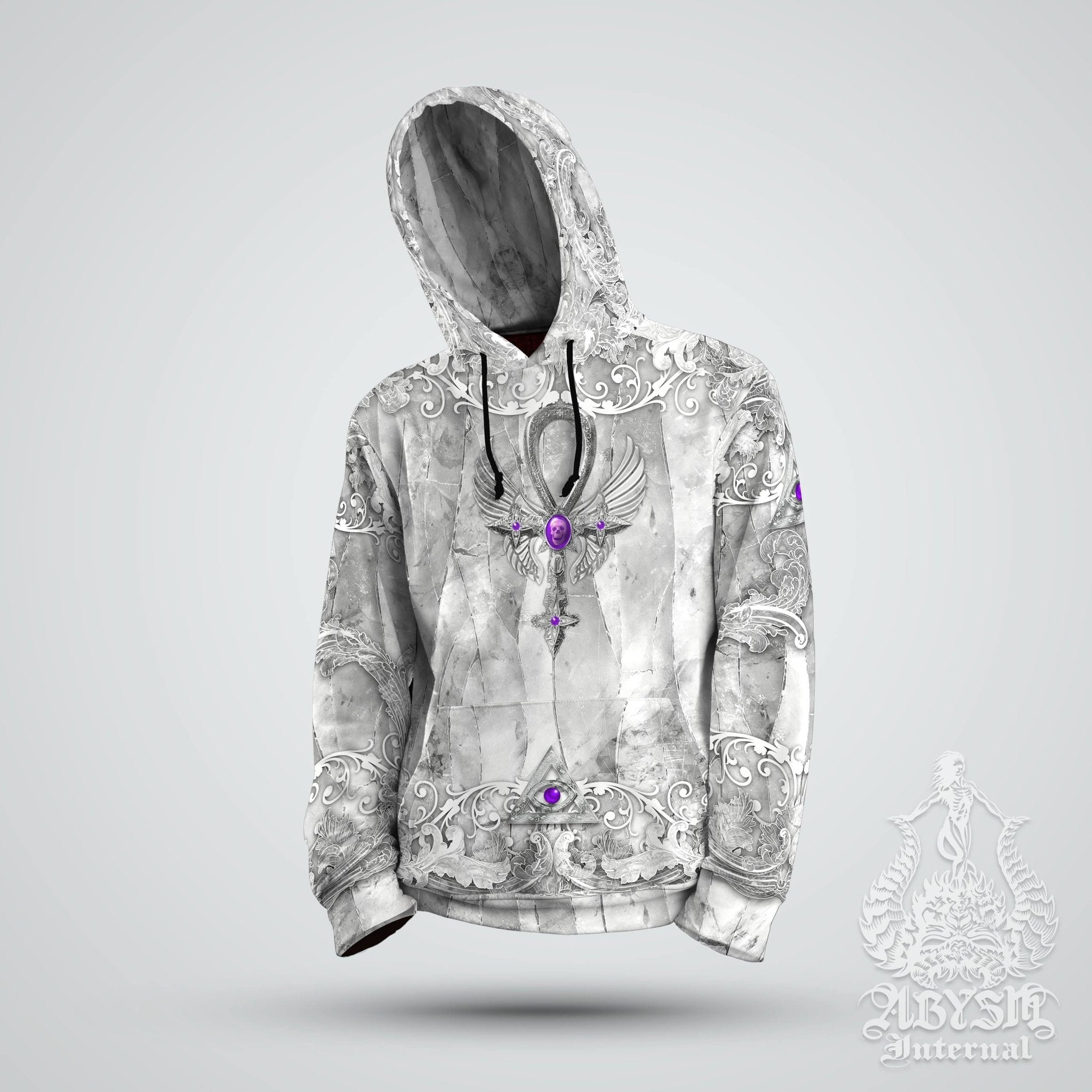 White Goth Hoodie, Gothic Streetwear, Alternative Clothing, Occult Sweater, Unisex - Ankh Cross, Stone Purple - Abysm Internal