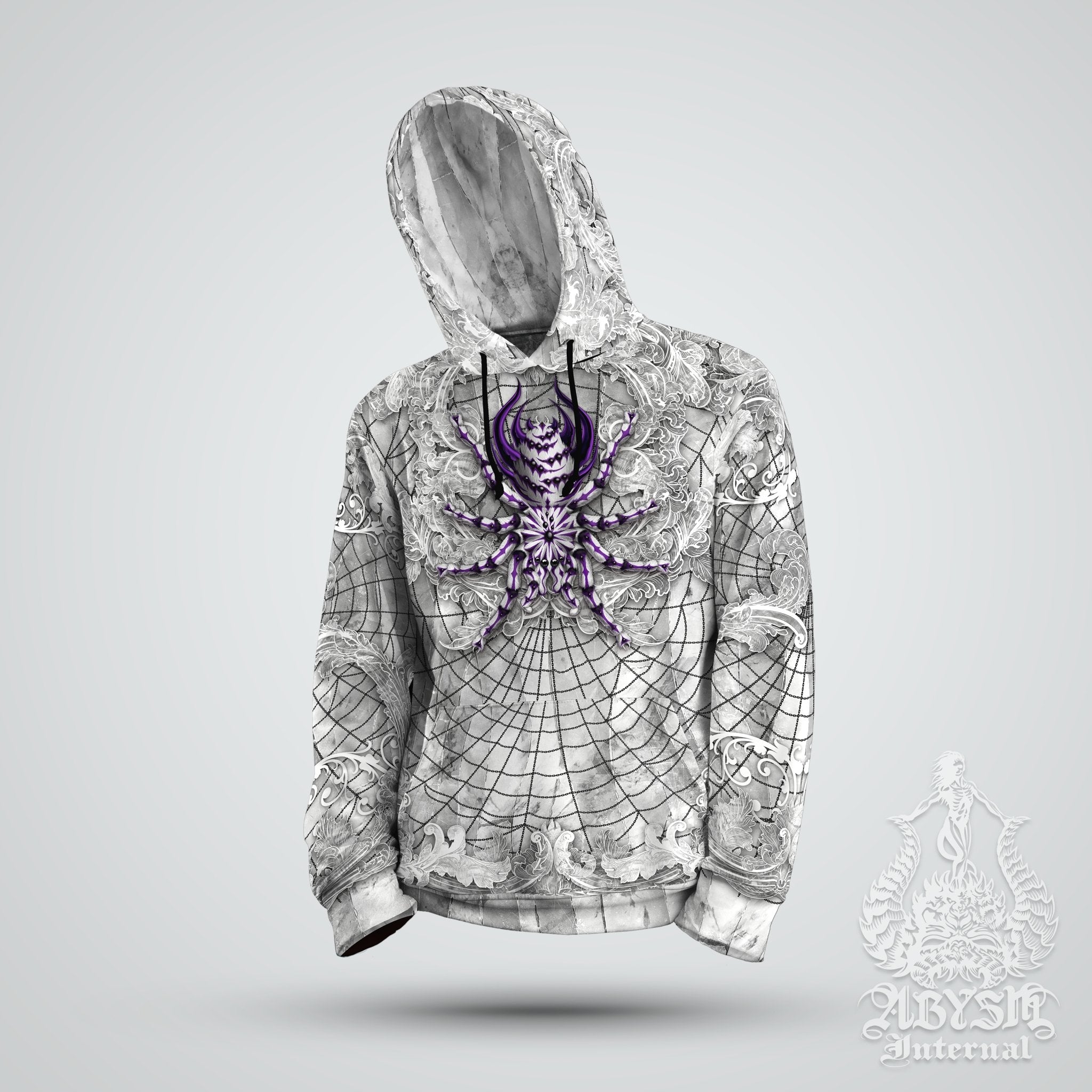 White Goth Hoodie, Gothic Streetwear, Street Outfit, Festival Sweater, Alternative Clothing, Unisex - Tarantula, Spider, Stone Purple - Abysm Internal
