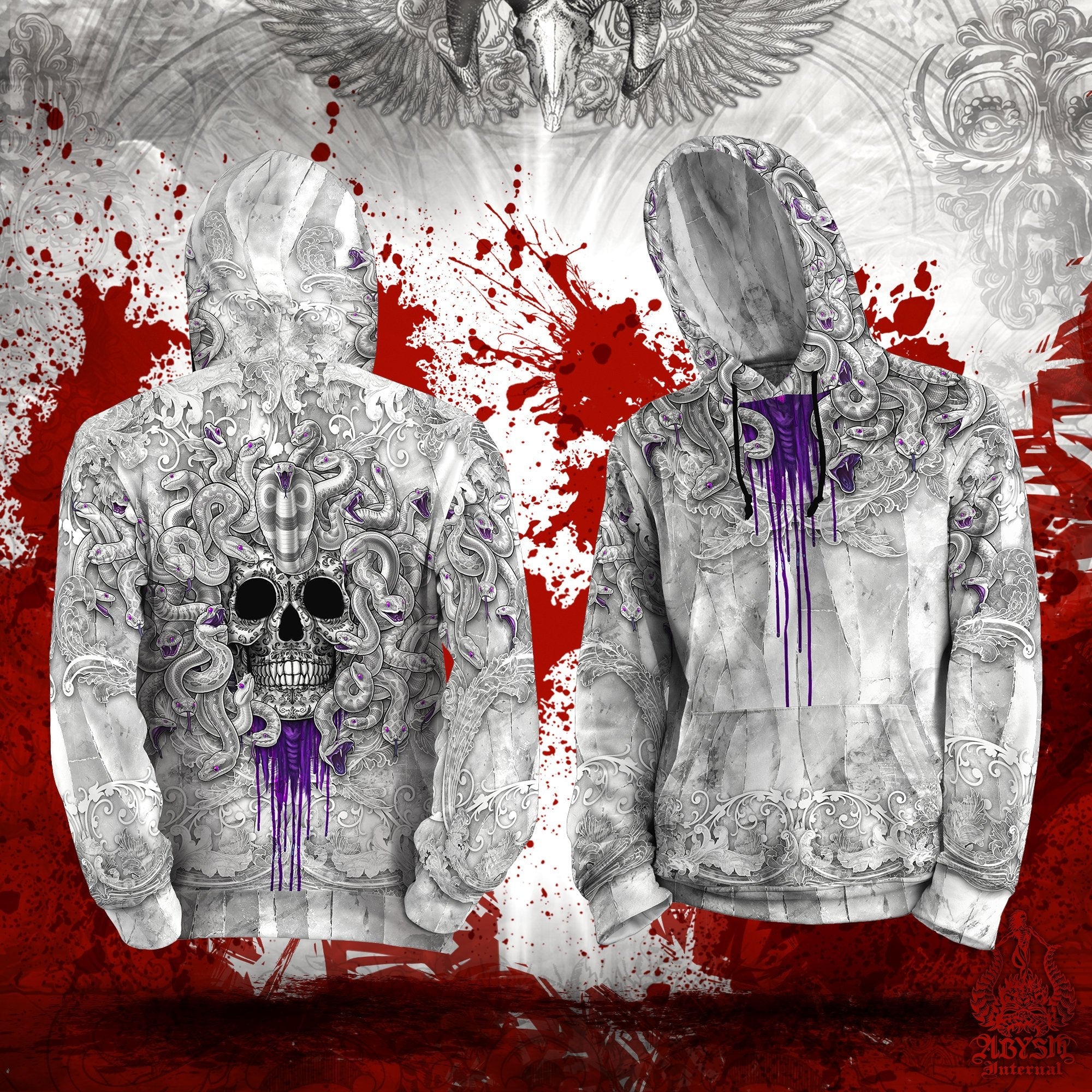 White Goth Hoodie, Horror Streetwear, Gothic Sweater, Alternative Clothing, Unisex - Medusa Skull, Purple - Abysm Internal