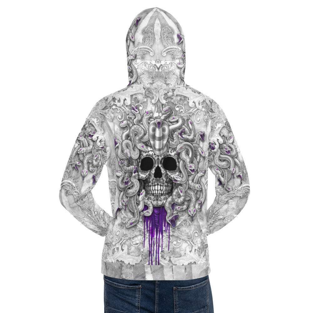 White Goth Hoodie, Horror Streetwear, Gothic Sweater, Alternative Clothing, Unisex - Medusa Skull, Purple - Abysm Internal