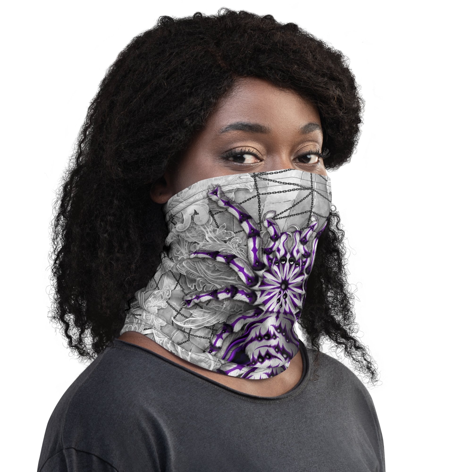 White Goth Neck Gaiter, Face Mask, Head Covering, Halloween Outfit, Tarantula Lover Gift - Spider, Stone, White and Purple - Abysm Internal