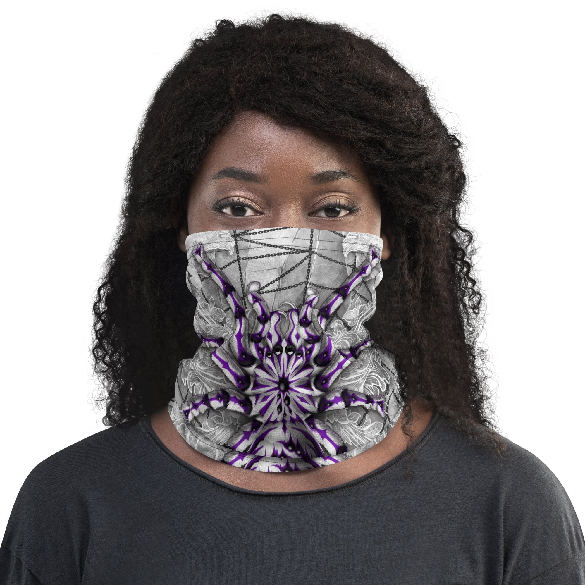 White Goth Neck Gaiter, Face Mask, Head Covering, Halloween Outfit, Tarantula Lover Gift - Spider, Stone, White and Purple - Abysm Internal