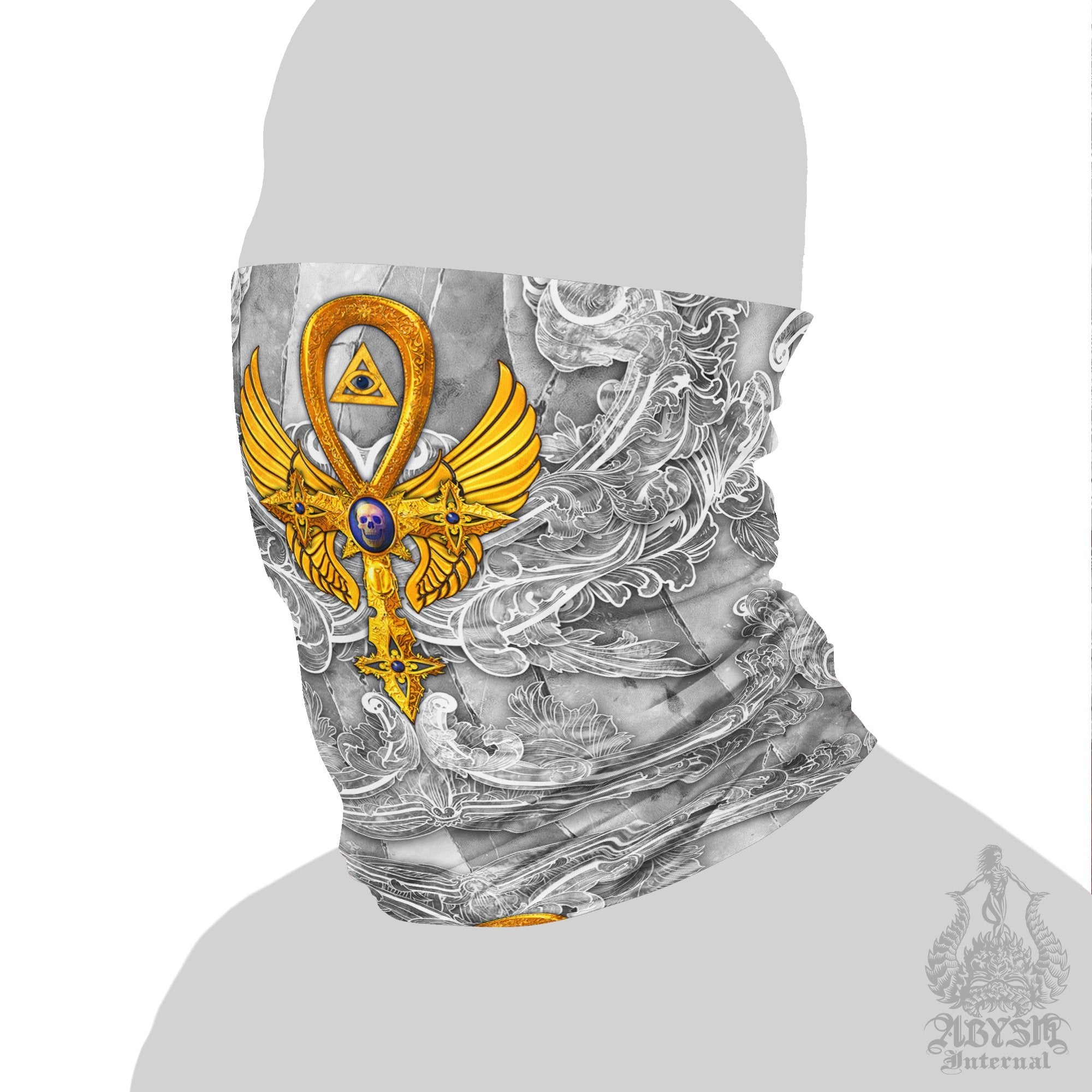 White Goth Neck Gaiter, Face Mask, Head Covering - Stone Gold Ankh - Abysm Internal