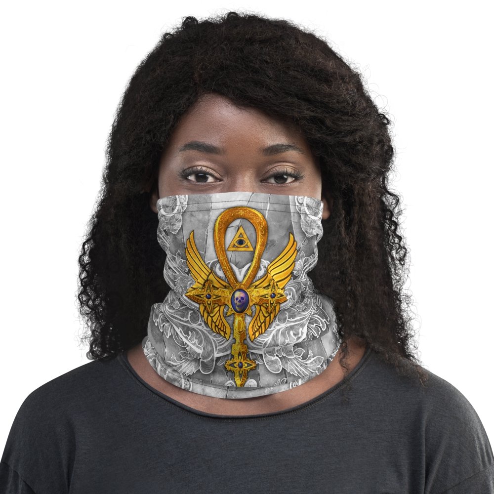 White Goth Neck Gaiter, Face Mask, Head Covering - Stone Gold Ankh - Abysm Internal