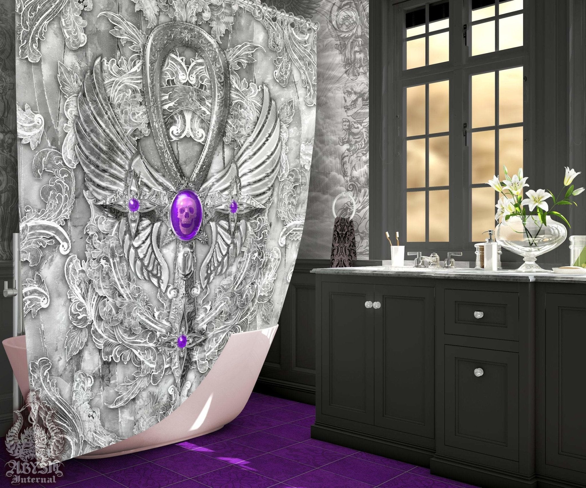 White Goth Shower Curtain, Ankh Cross, Gothic Bathroom Decor, Occult - Stone - Abysm Internal