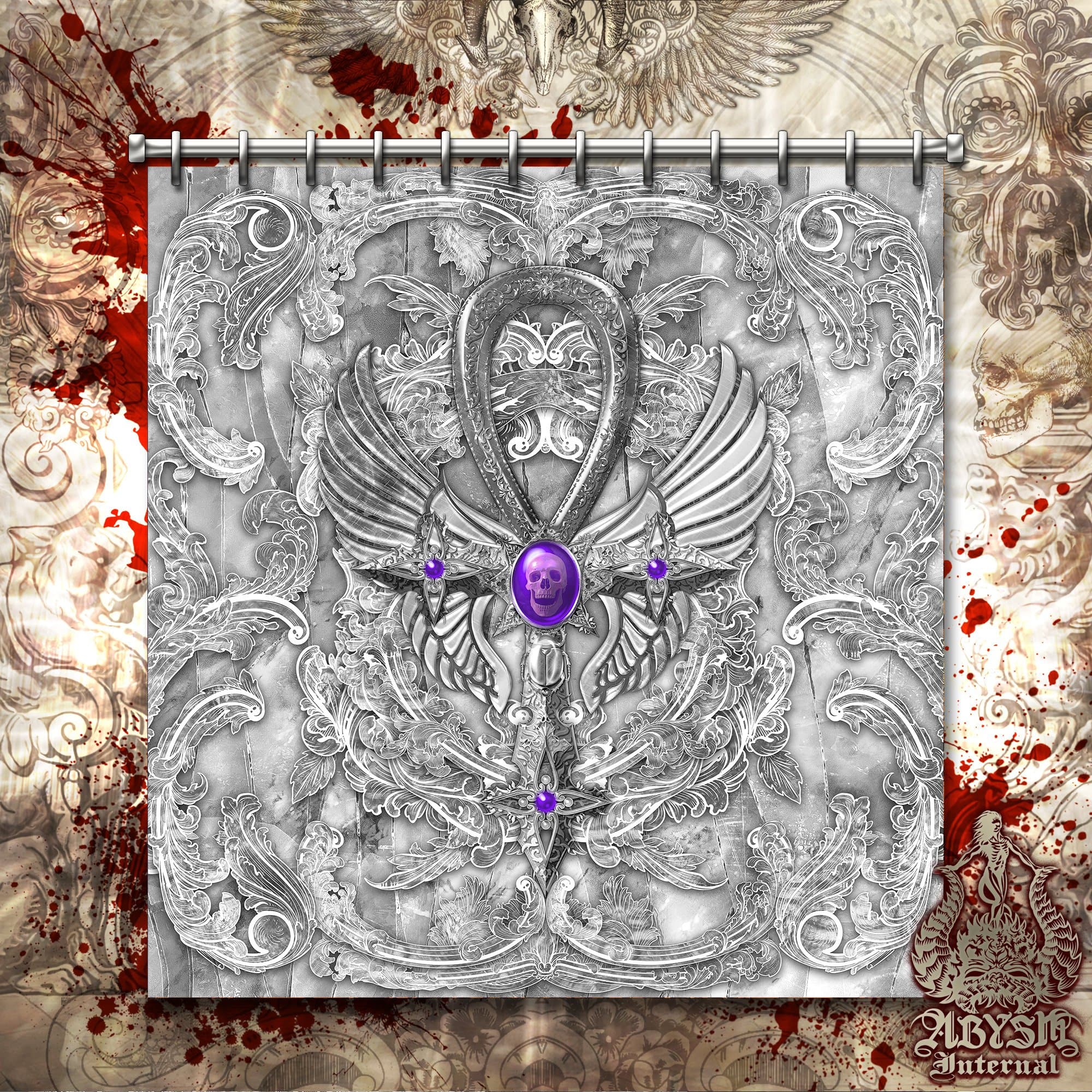 White Goth Shower Curtain, Ankh Cross, Gothic Bathroom Decor, Occult - Stone - Abysm Internal