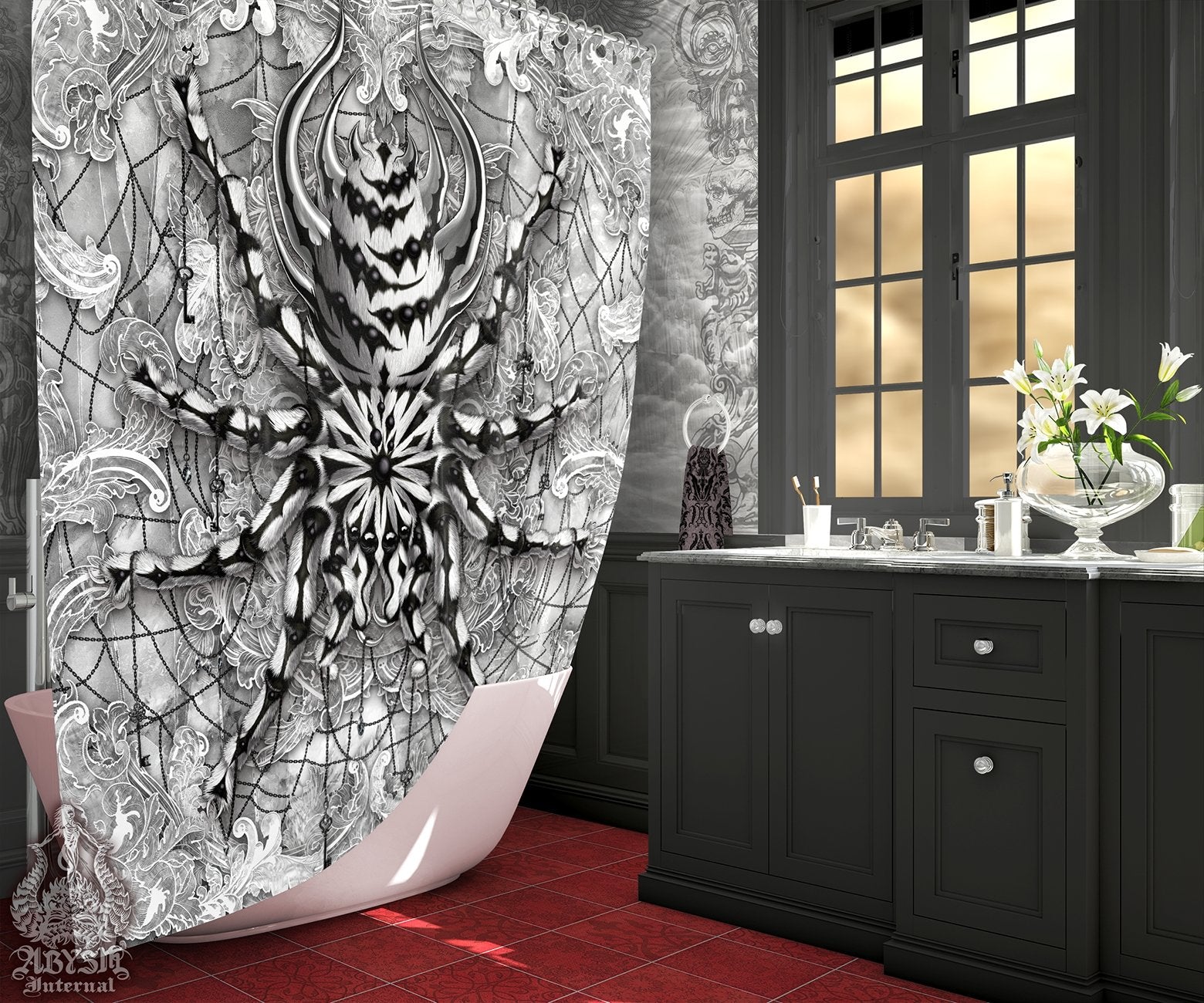 White Goth Shower Curtain, Gothic Bathroom Decor, Alternative Home - Spider, Stone, Black and White, Tarantula Art - Abysm Internal