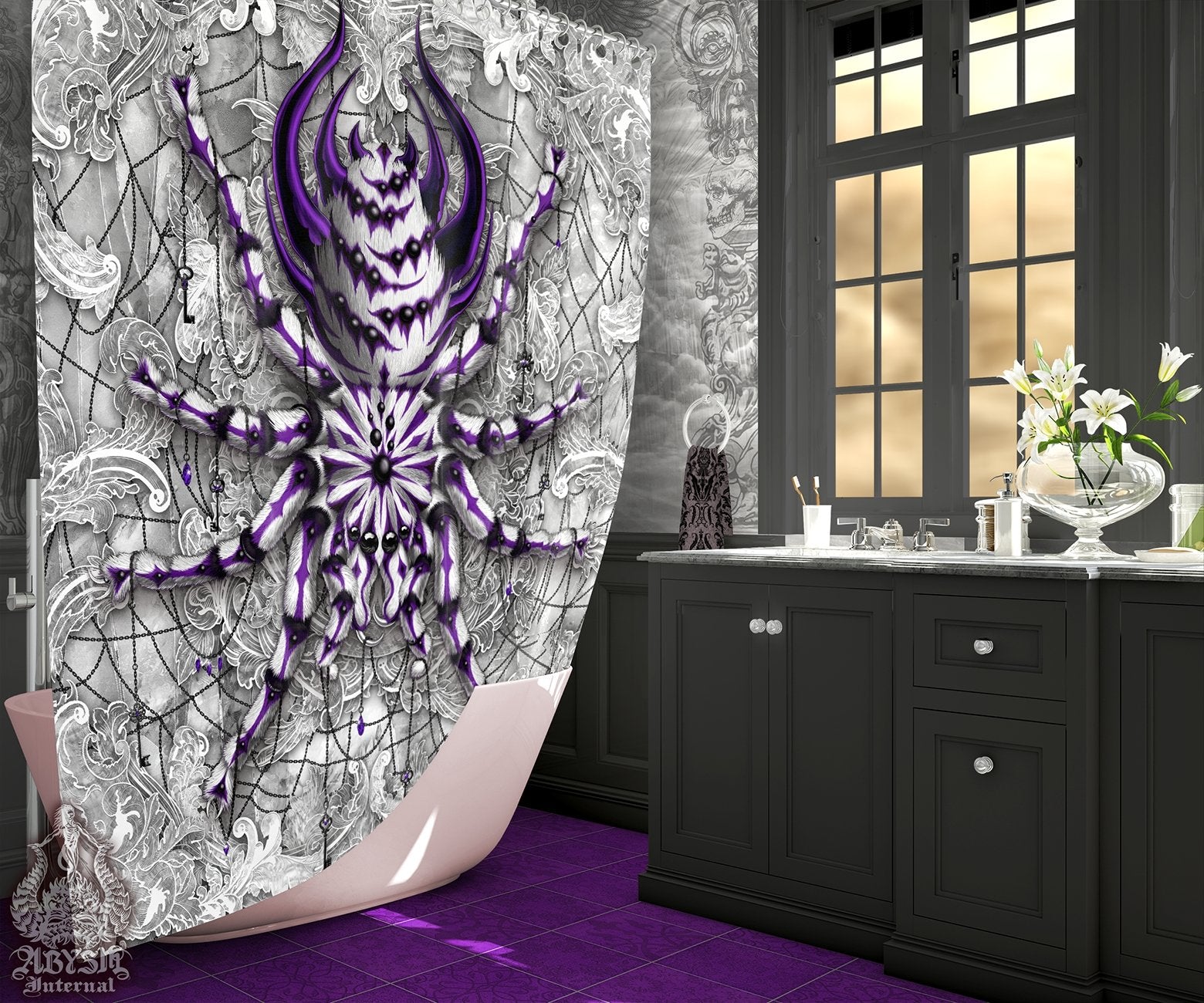 White Goth Shower Curtain, Gothic Bathroom Decor, Alternative Home - Spider, Stone Purple, Tarantula Art - Abysm Internal