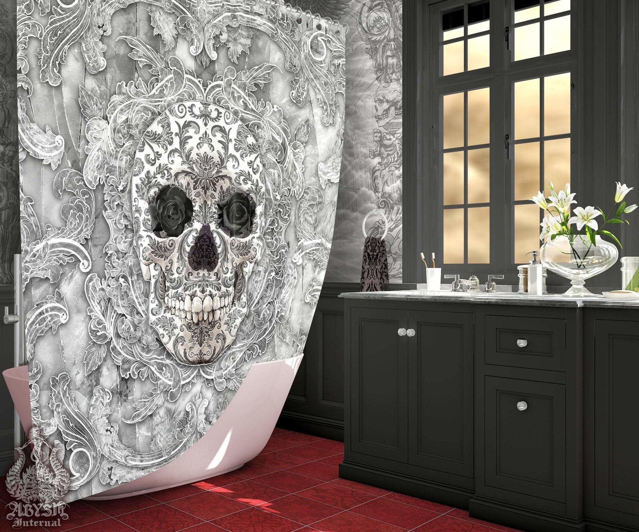 White Goth Shower Curtain, Gothic Bathroom Decor, Skull, Macabre Art - Stone - Abysm Internal