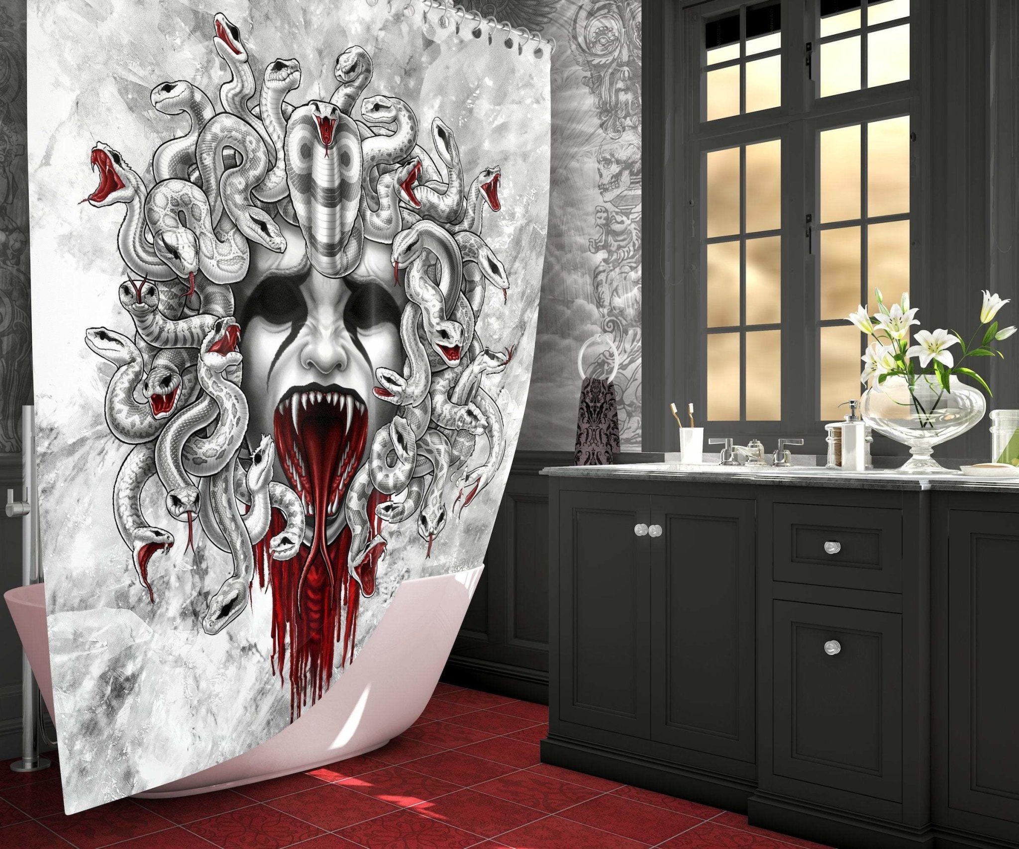 White Goth Shower Curtain, Halloween, Gothic Bathroom Decor - Screaming Medusa & Skull, White Snakes - Abysm Internal