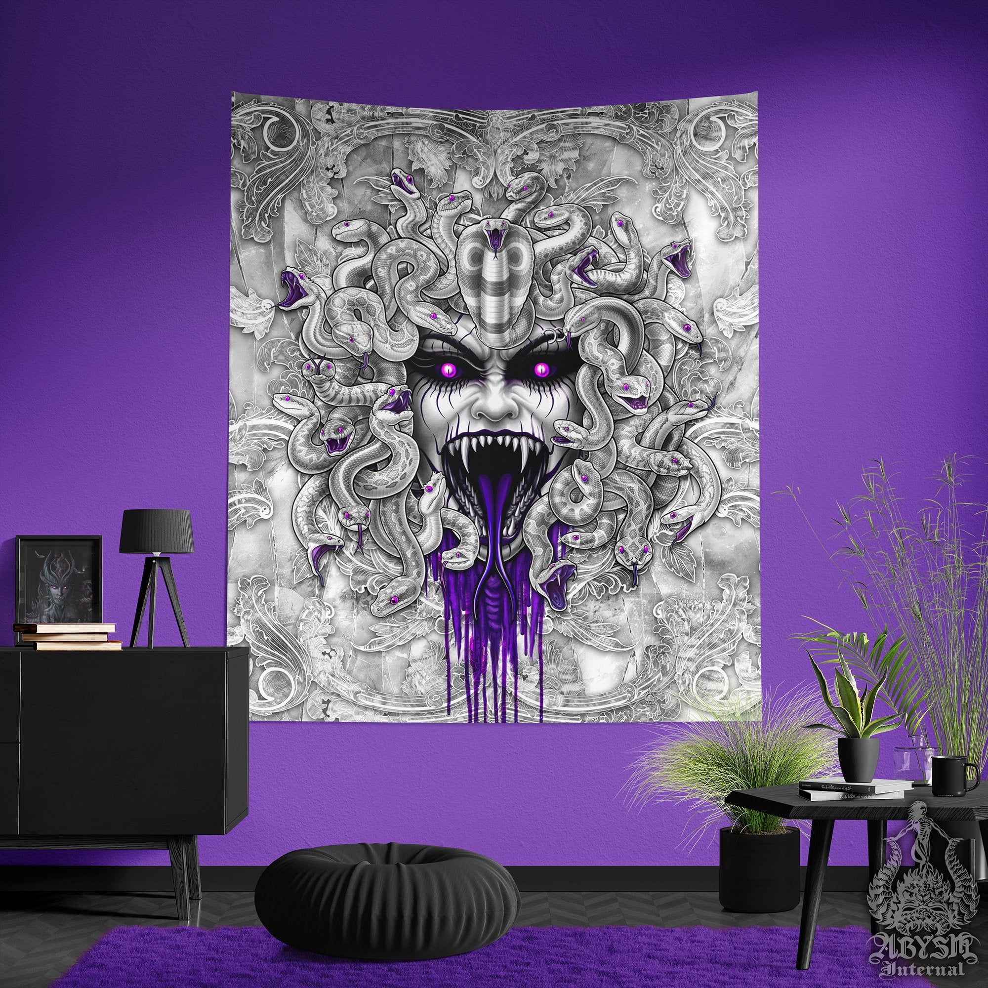 White Goth Skull Tapestry, Gothic Wall Hanging, Horror Home Decor, Vertical Art Print - Medusa & Snakes, Purple, 4 Faces - Abysm Internal