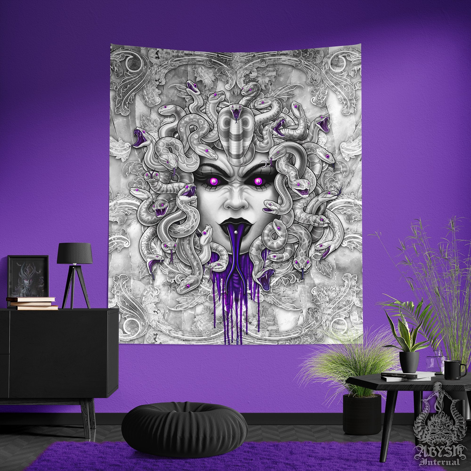 White Goth Skull Tapestry, Gothic Wall Hanging, Horror Home Decor, Vertical Art Print - Medusa & Snakes, Purple, 4 Faces - Abysm Internal