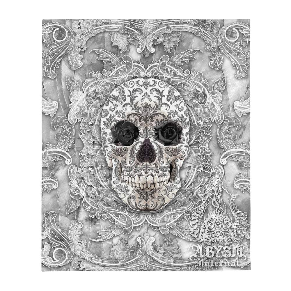 White Goth Tapestry, Gothic Skull Wall Hanging, Macabre Home Decor, Art Print - Stone, Black Roses - Abysm Internal