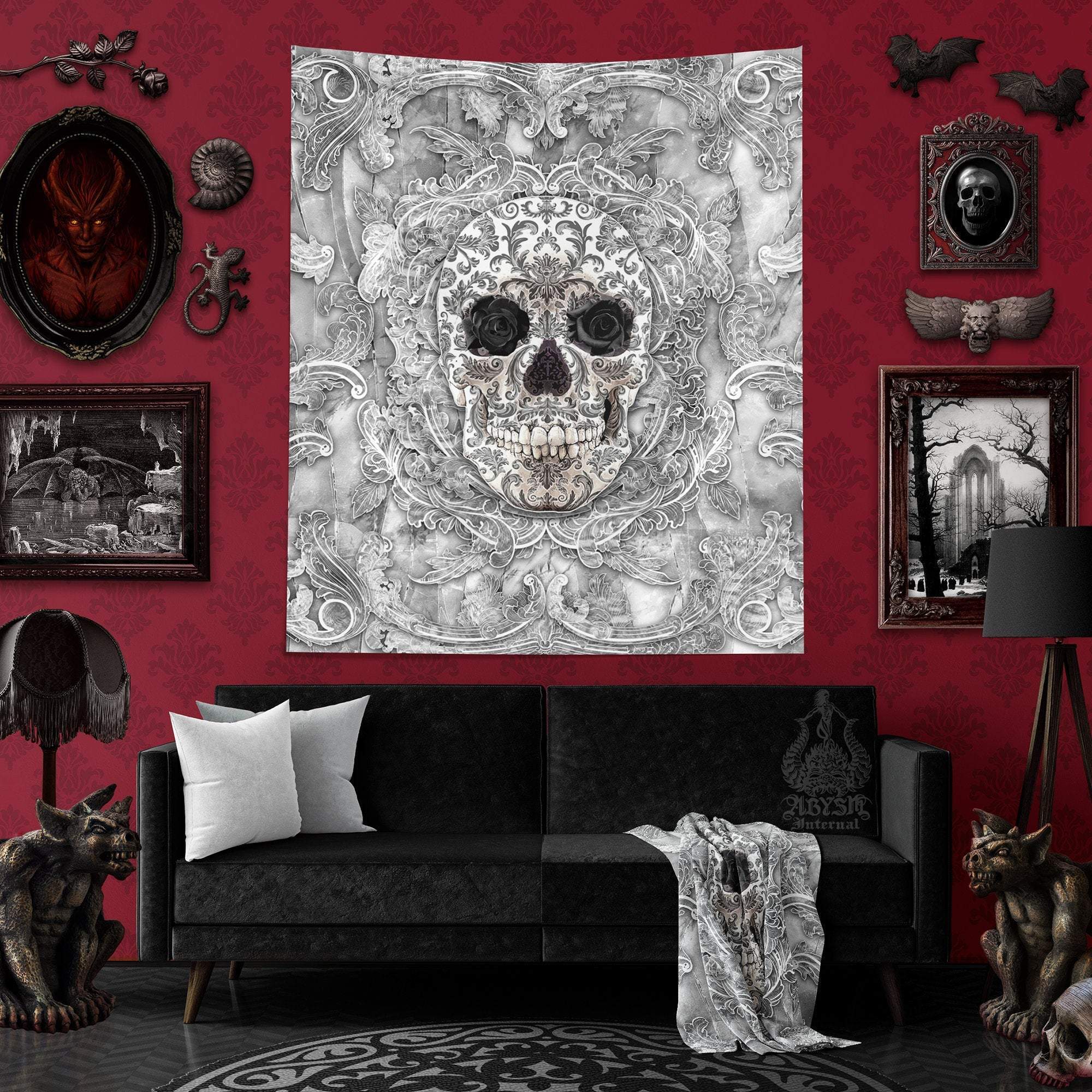 White Goth Tapestry, Gothic Skull Wall Hanging, Macabre Home Decor, Art Print - Stone, Black Roses - Abysm Internal