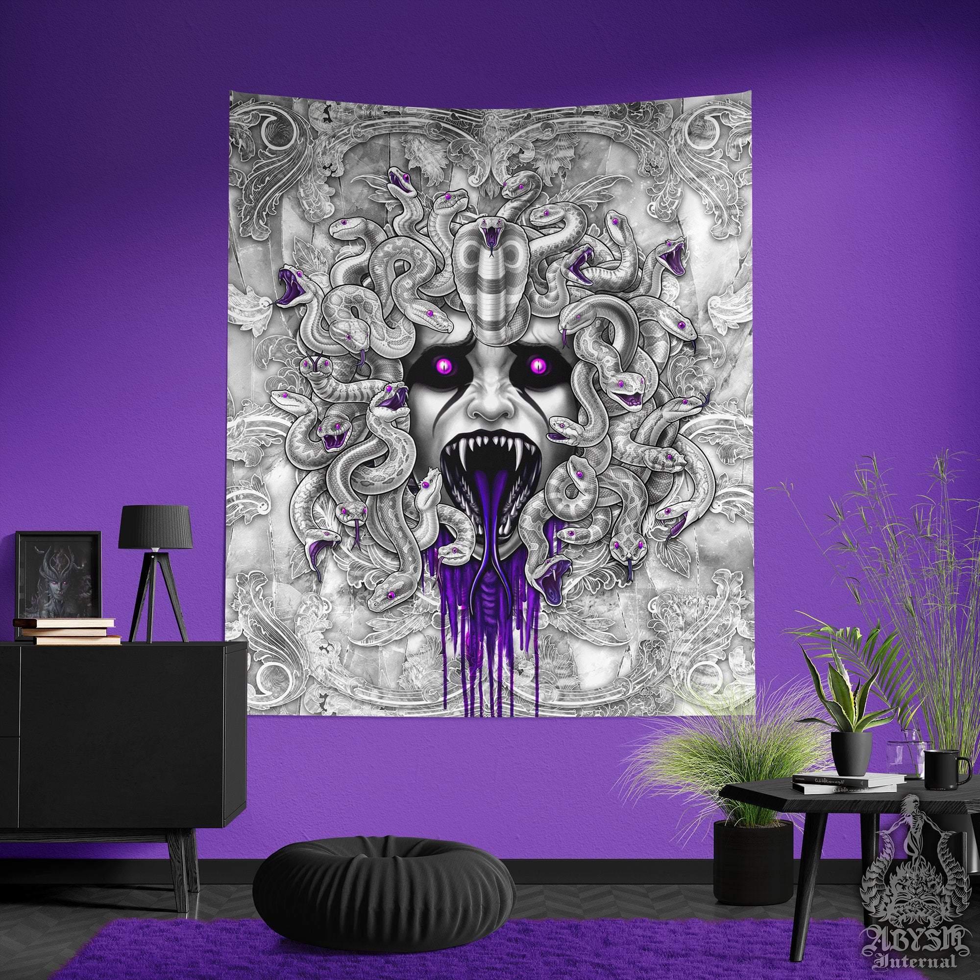 White Goth Tapestry, Gothic Wall Hanging, Horror Home Decor, Art Print - Medusa & Snakes, Purple, 3 Faces - Abysm Internal