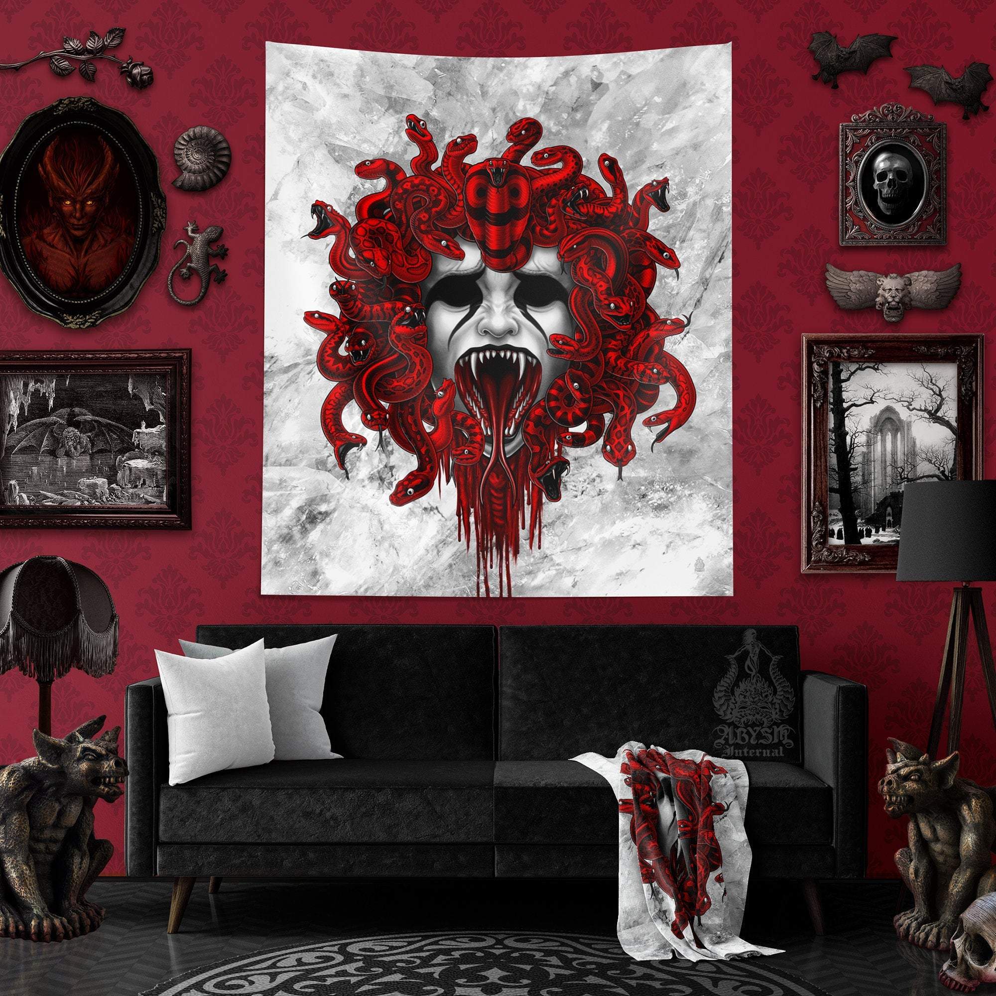 White Goth Tapestry, Medusa & Skull Wall Hanging, Gohic Home Decor, Art Print - Red Snakes - Abysm Internal