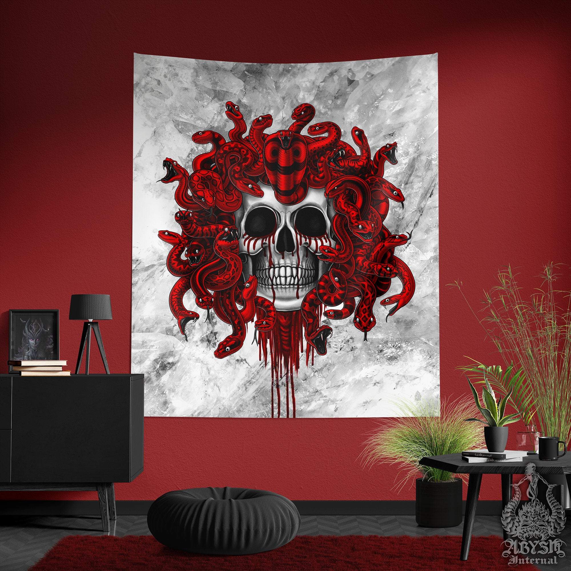 White Goth Tapestry, Medusa & Skull Wall Hanging, Gohic Home Decor, Art Print - Red Snakes - Abysm Internal