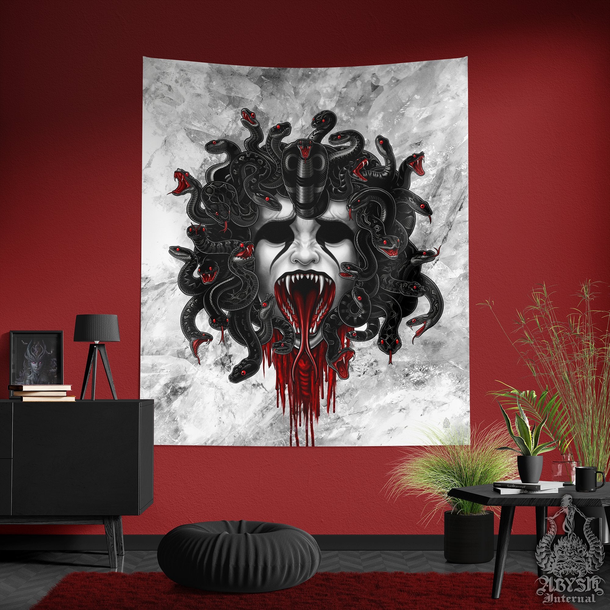 White Goth Tapestry, Medusa & Skull Wall Hanging, Gohic Home Decor, Vertical Art Print - 2 Faces, 3 Colors - Abysm Internal