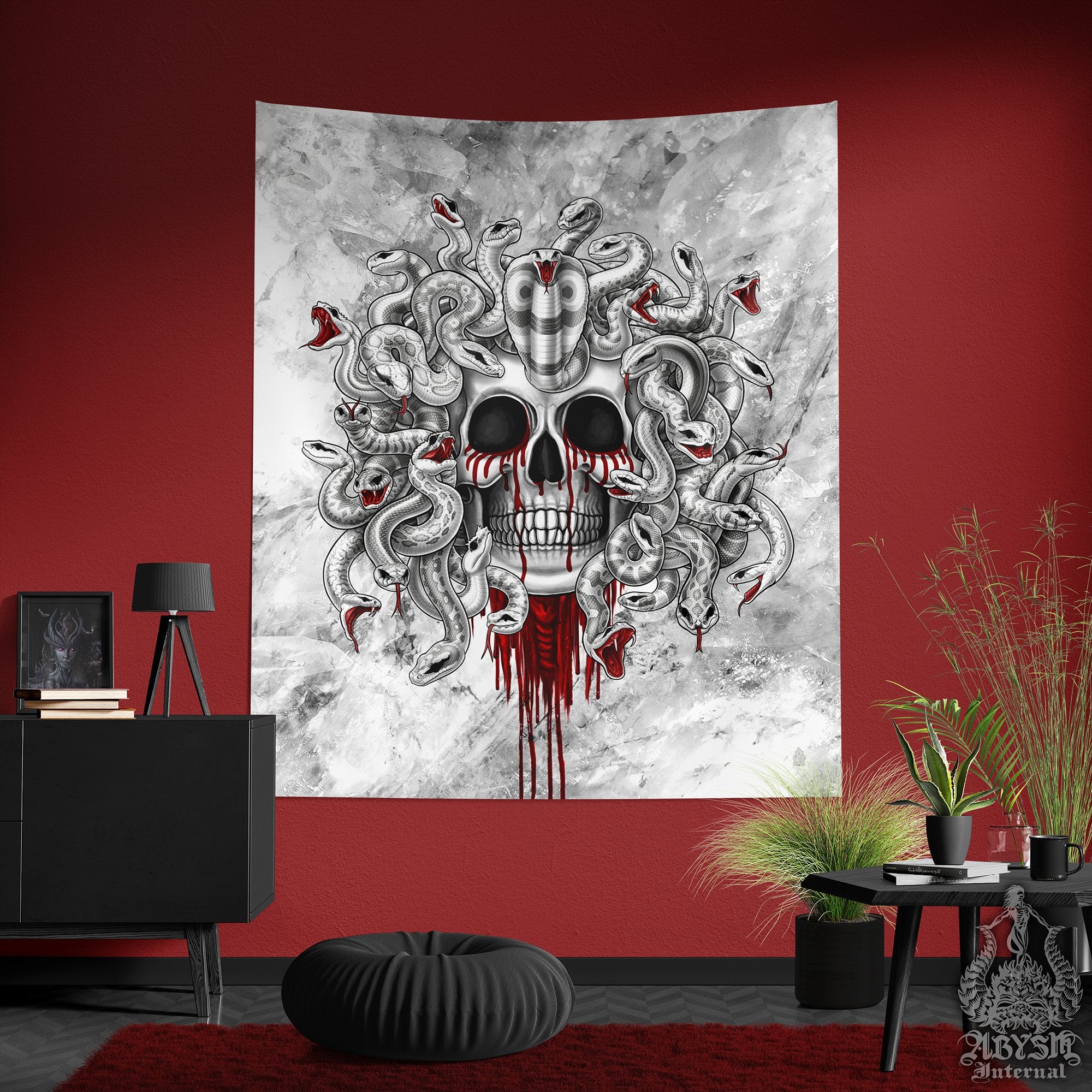 White Goth Tapestry, Medusa & Skull Wall Hanging, Gohic Home Decor, Vertical Art Print - 2 Faces, 3 Colors - Abysm Internal