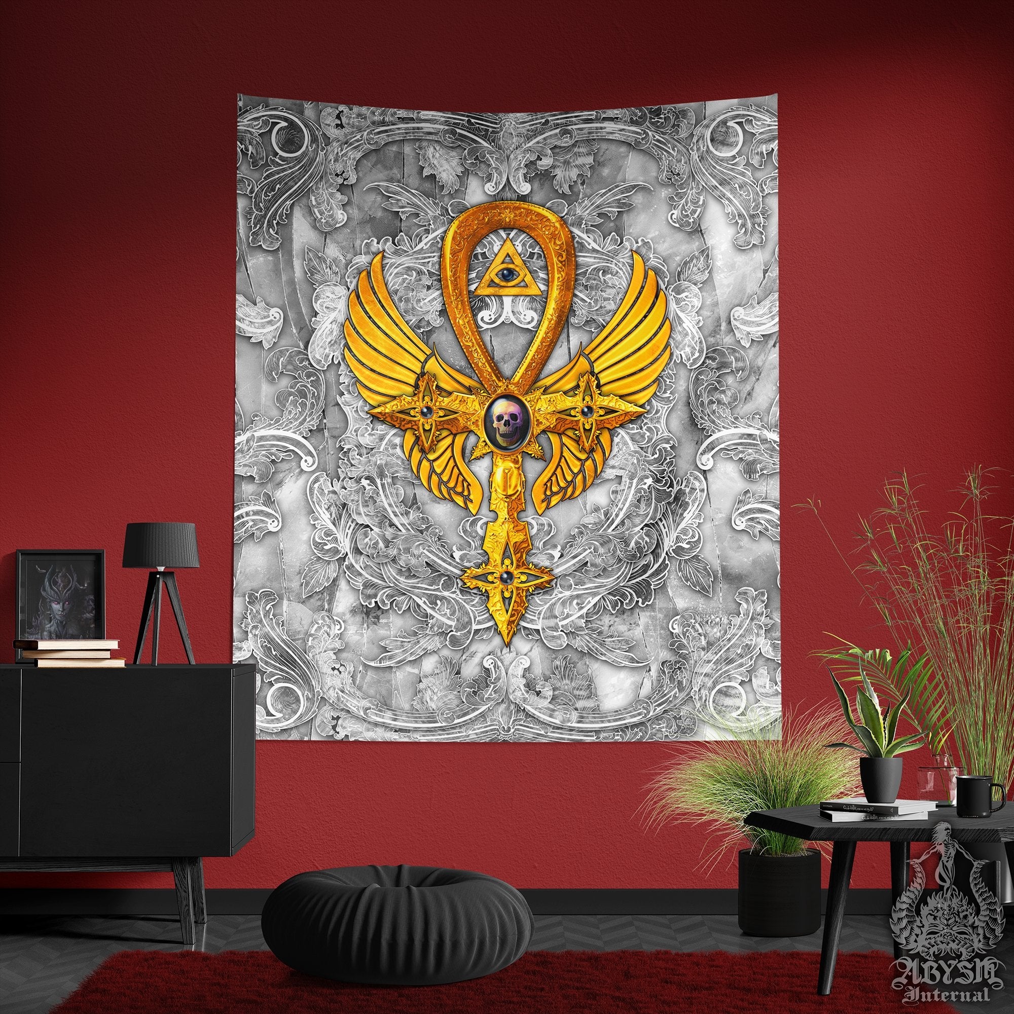 White Goth Tapestry, Occult Wall Hanging, Alternative Home Decor, Art Print - Stone Gold Ankh - Abysm Internal