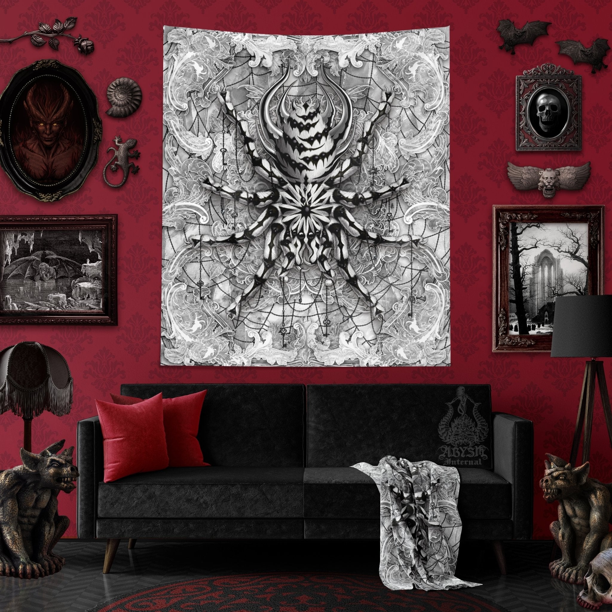 White Goth Tapestry, Spider Wall Hanging, Gothic Home Decor, Tarantula Art Print - Stone - Abysm Internal