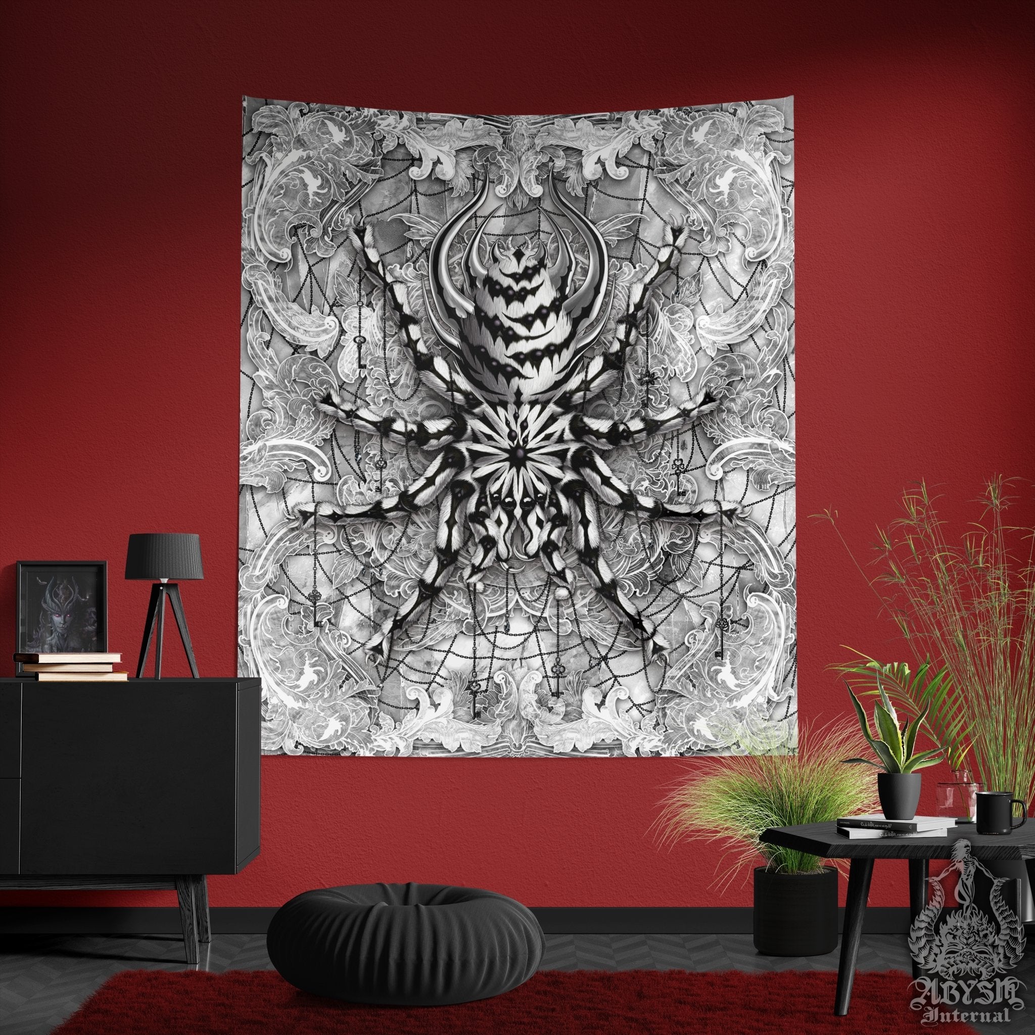 White Goth Tapestry, Spider Wall Hanging, Gothic Home Decor, Tarantula Art Print - Stone - Abysm Internal