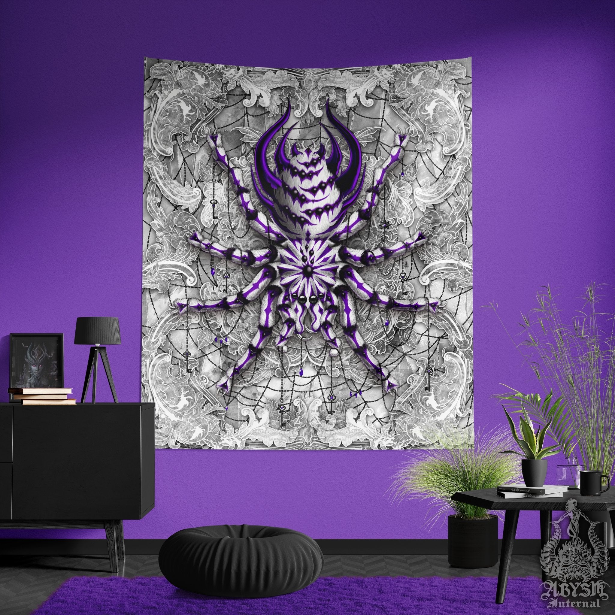 White Goth Tapestry, Spider Wall Hanging, Gothic Home Decor, Tarantula Art Print - Stone, Purple - Abysm Internal
