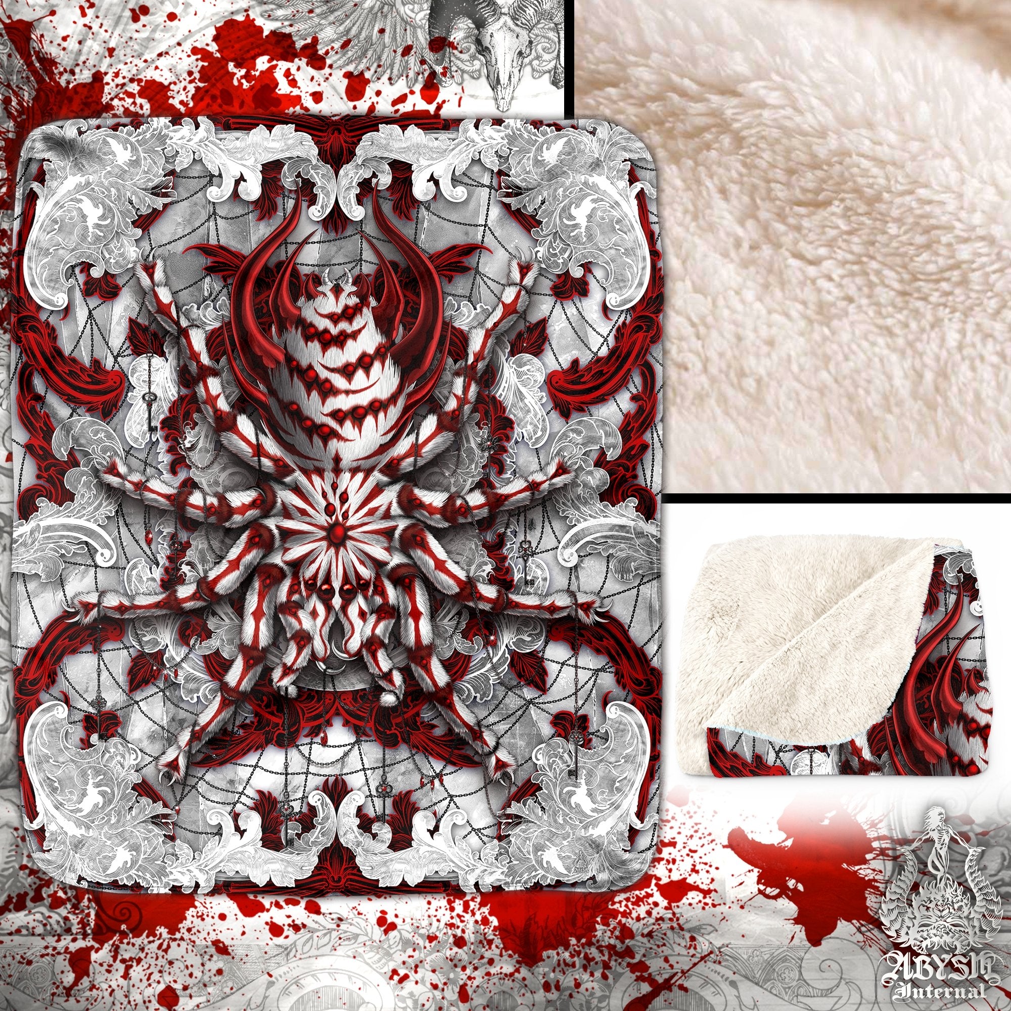 White Goth Throw Fleece Blanket, Dark Gift, Gothic Home Decor, Alternative Art Gift - Bloody Spider, Tarantula Art - Abysm Internal
