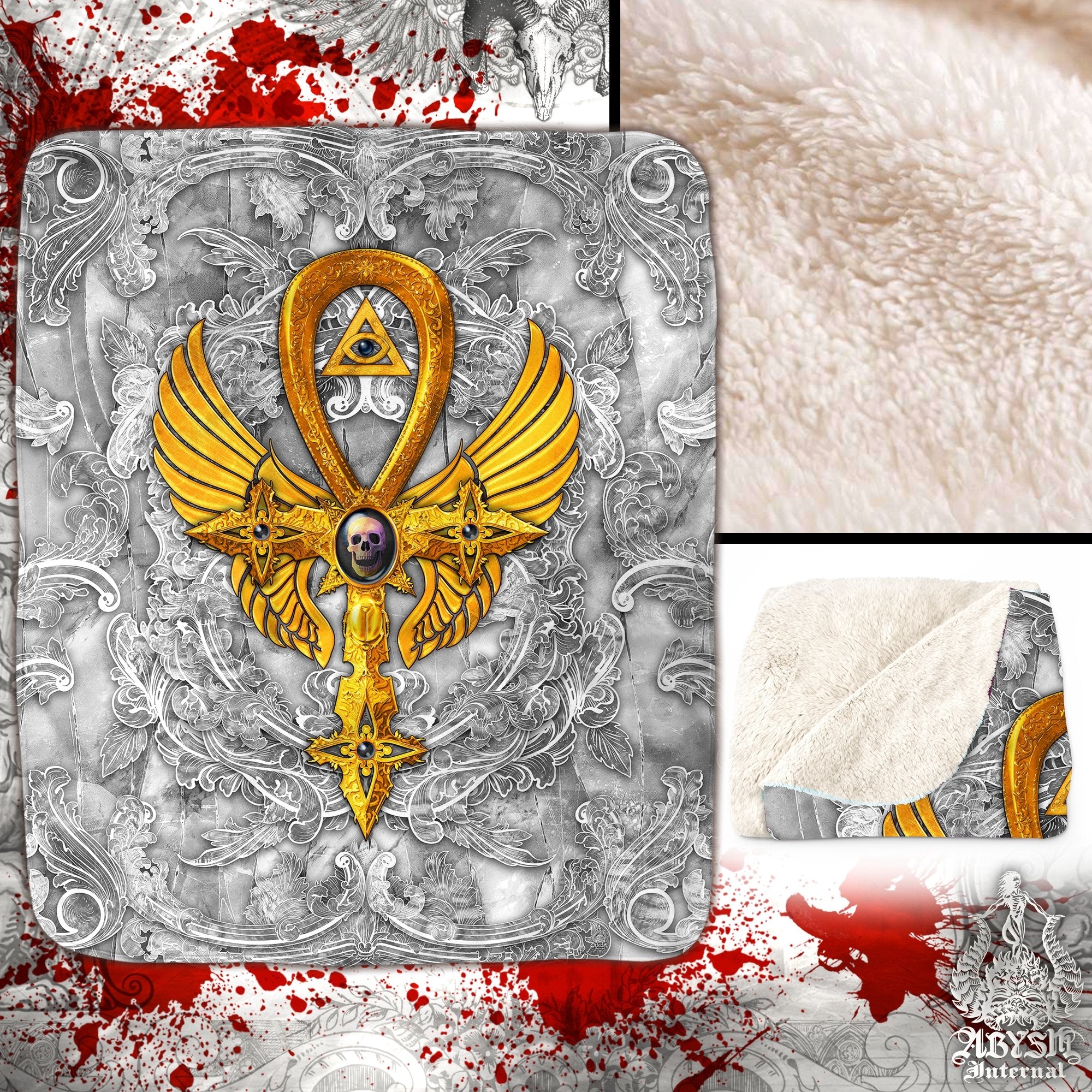 White Goth Throw Fleece Blanket, Gothic Home Decor, Alternative Art Gift - Gold Ankh Cross - Abysm Internal