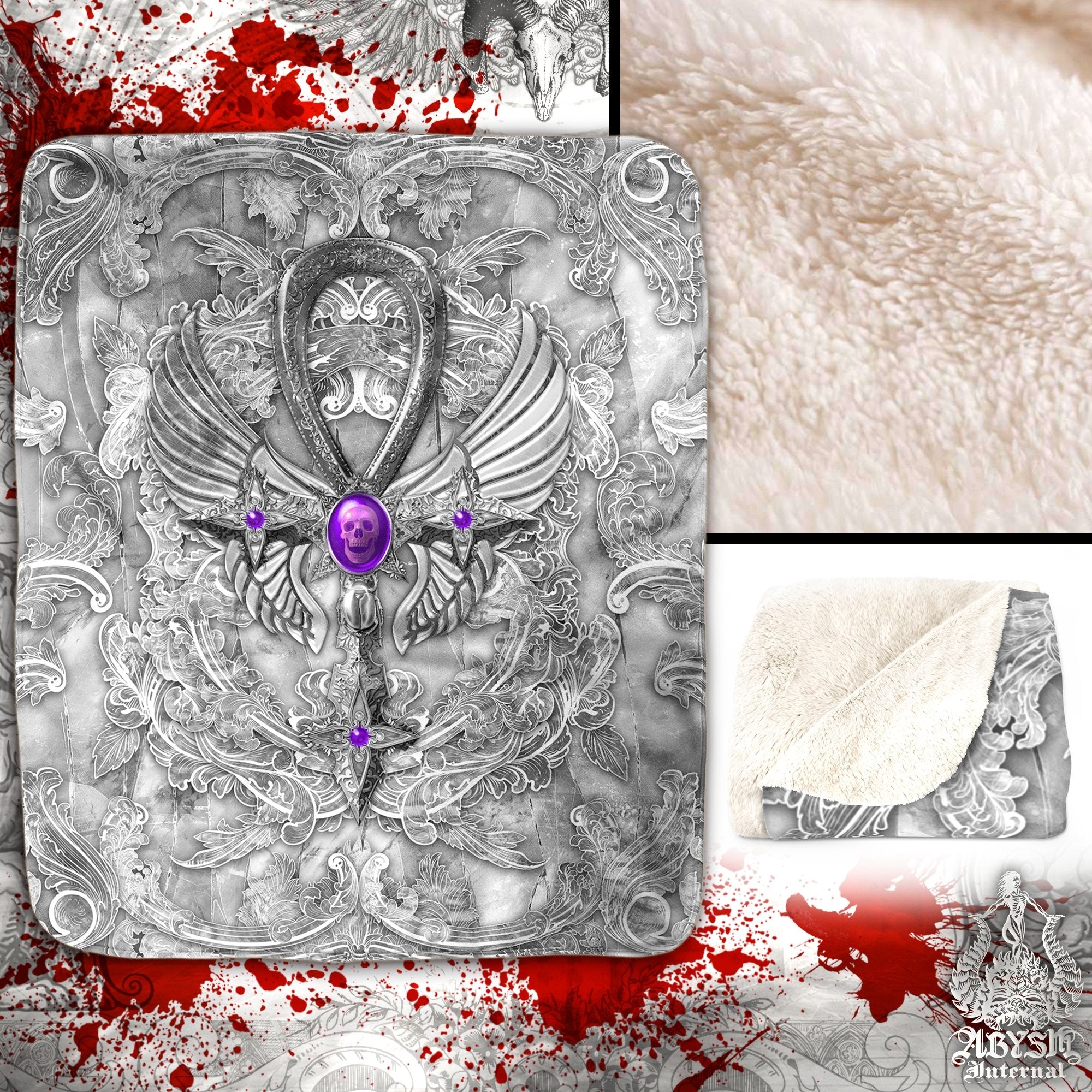 White Goth Throw Fleece Blanket, Gothic Home Decor, Alternative Art Gift - Stone, Ankh Cross - Abysm Internal