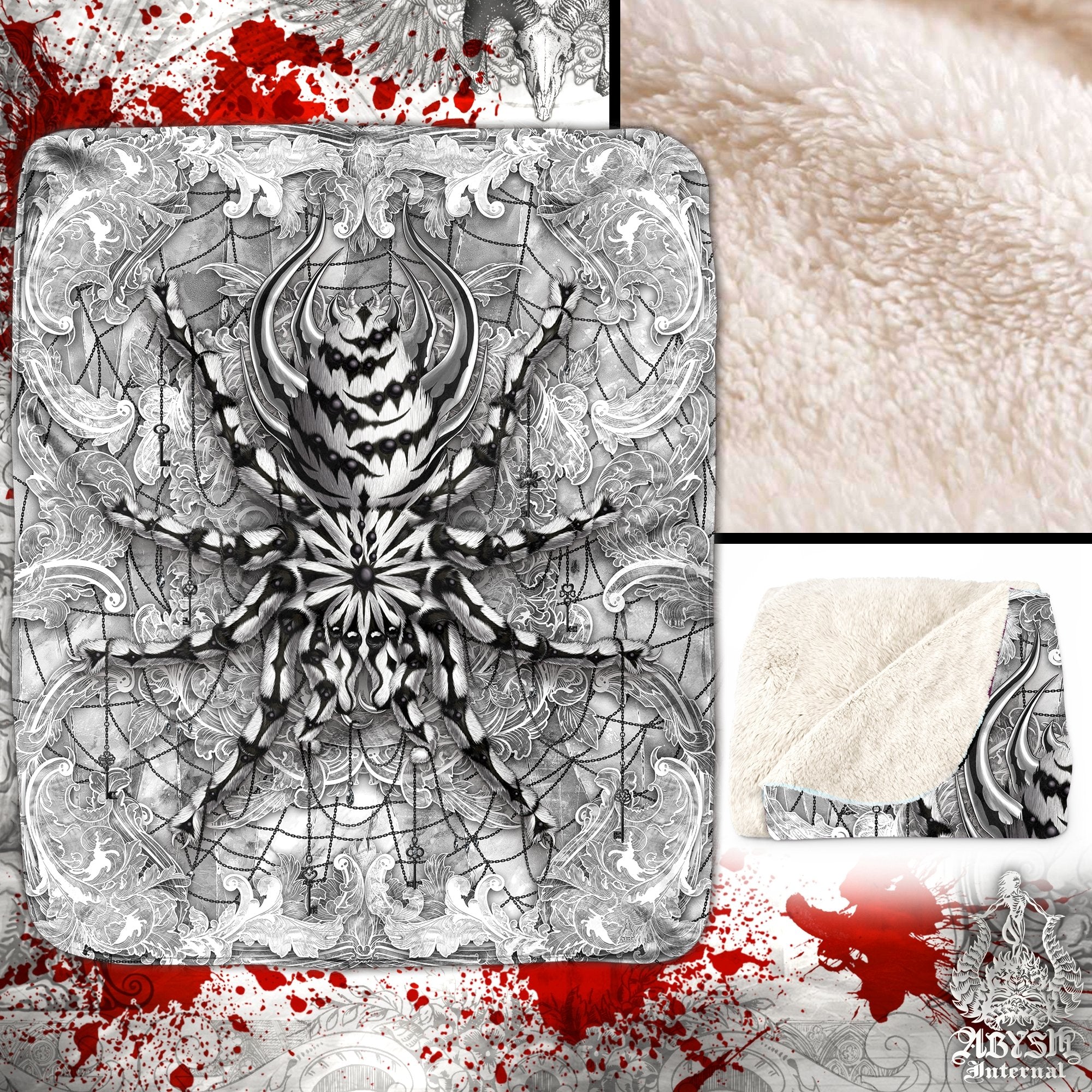 White Goth Throw Fleece Blanket, Gothic Home Decor, Spider Lover Gift, Alternative Art Gift - Stone, Black and White, Tarantula Art - Abysm Internal